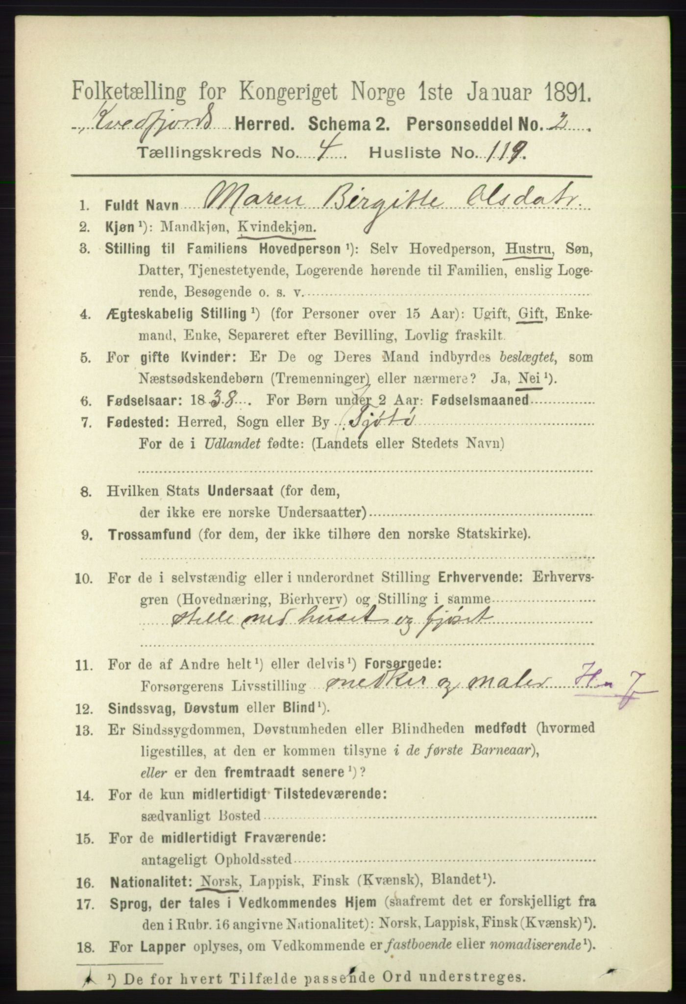 RA, 1891 census for 1911 Kvæfjord, 1891, p. 2653