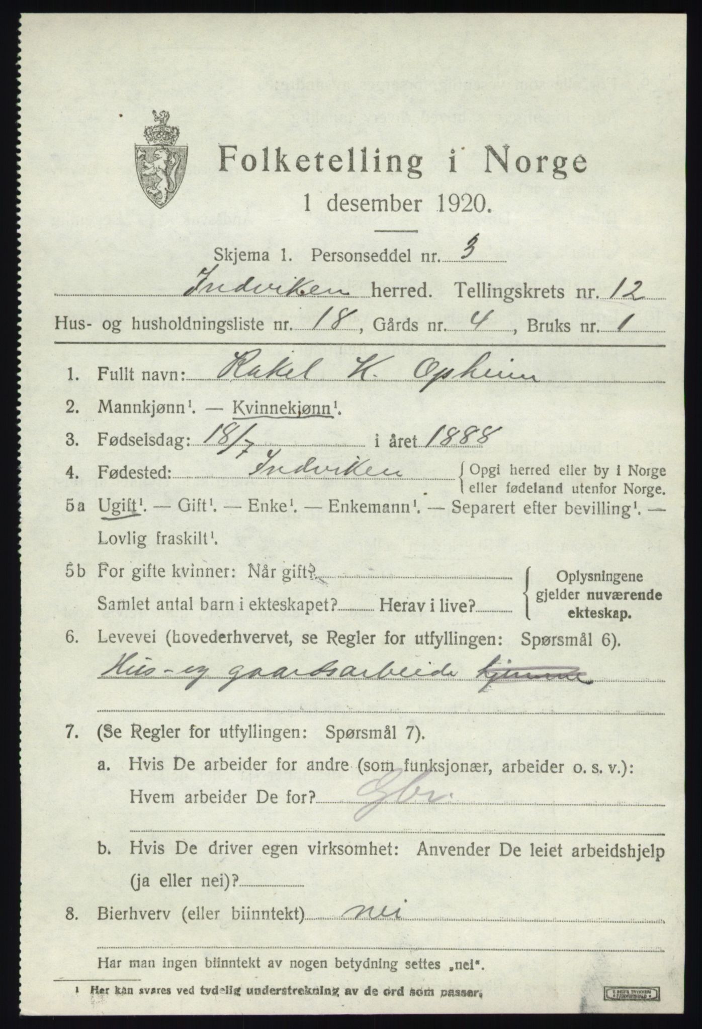 SAB, 1920 census for Innvik, 1920, p. 5119