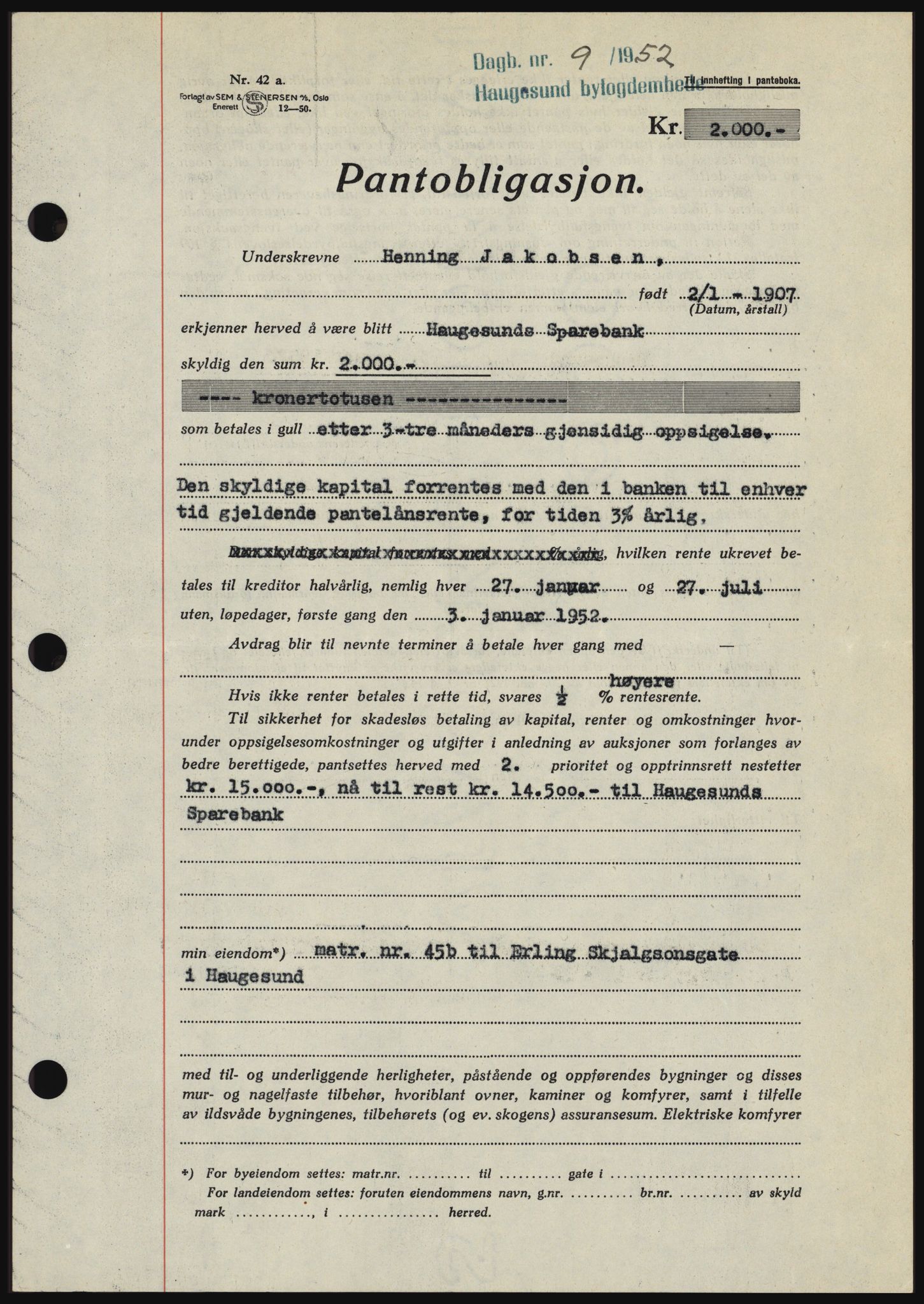 Haugesund tingrett, AV/SAST-A-101415/01/II/IIC/L0038: Mortgage book no. B 38, 1950-1951, Diary no: : 9/1952