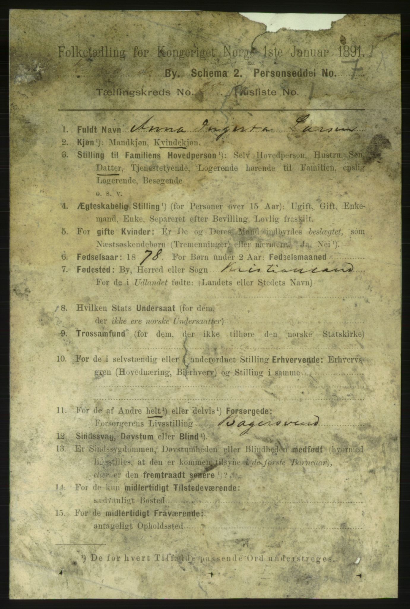 RA, 1891 census for 1001 Kristiansand, 1891, p. 9497