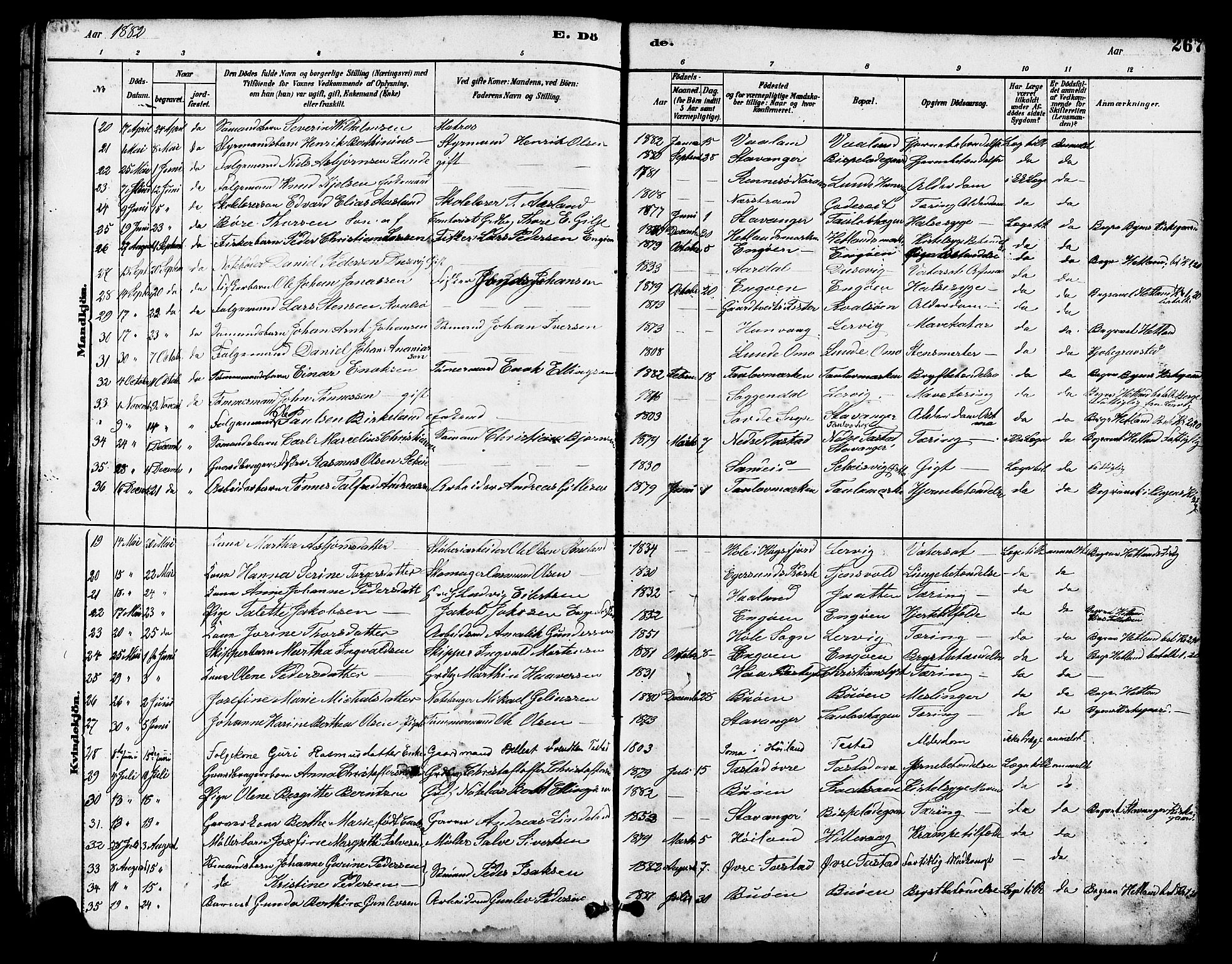 Hetland sokneprestkontor, SAST/A-101826/30/30BB/L0005: Parish register (copy) no. B 5, 1878-1910, p. 267