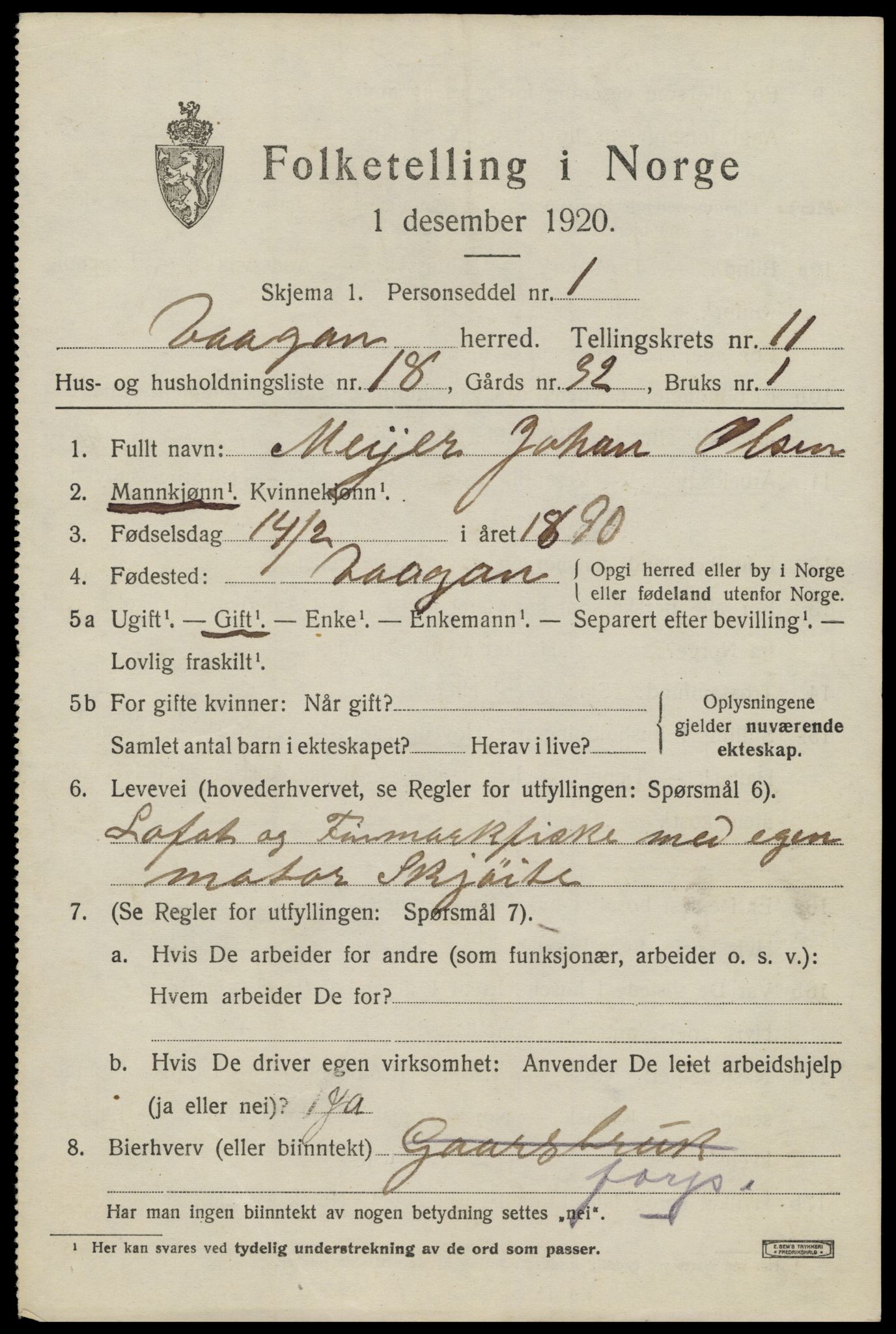 SAT, 1920 census for Vågan, 1920, p. 9705