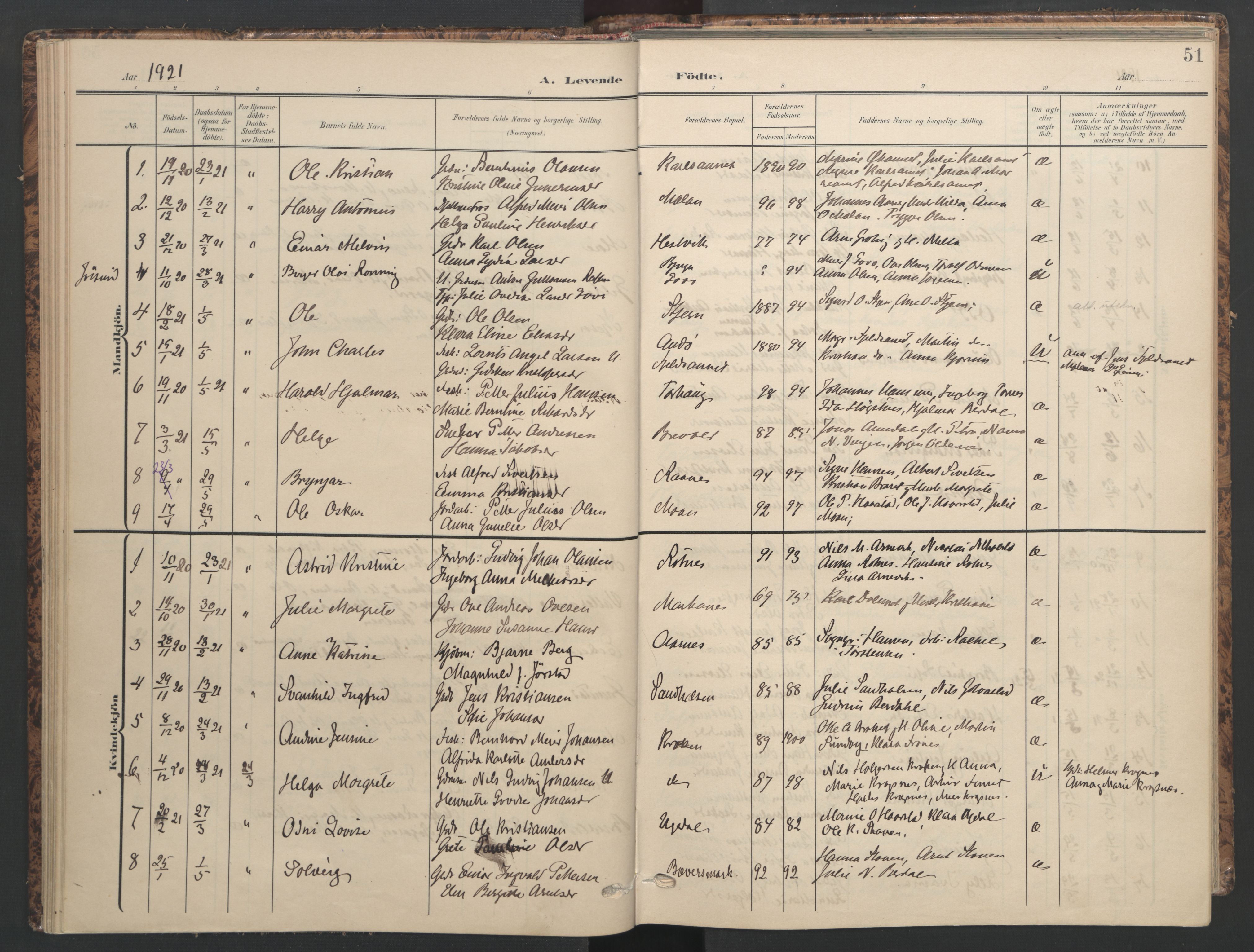 Ministerialprotokoller, klokkerbøker og fødselsregistre - Sør-Trøndelag, SAT/A-1456/655/L0682: Parish register (official) no. 655A11, 1908-1922, p. 51