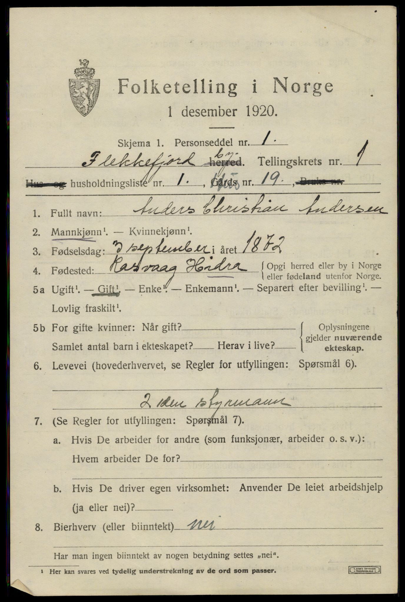 SAK, 1920 census for Flekkefjord, 1920, p. 2052