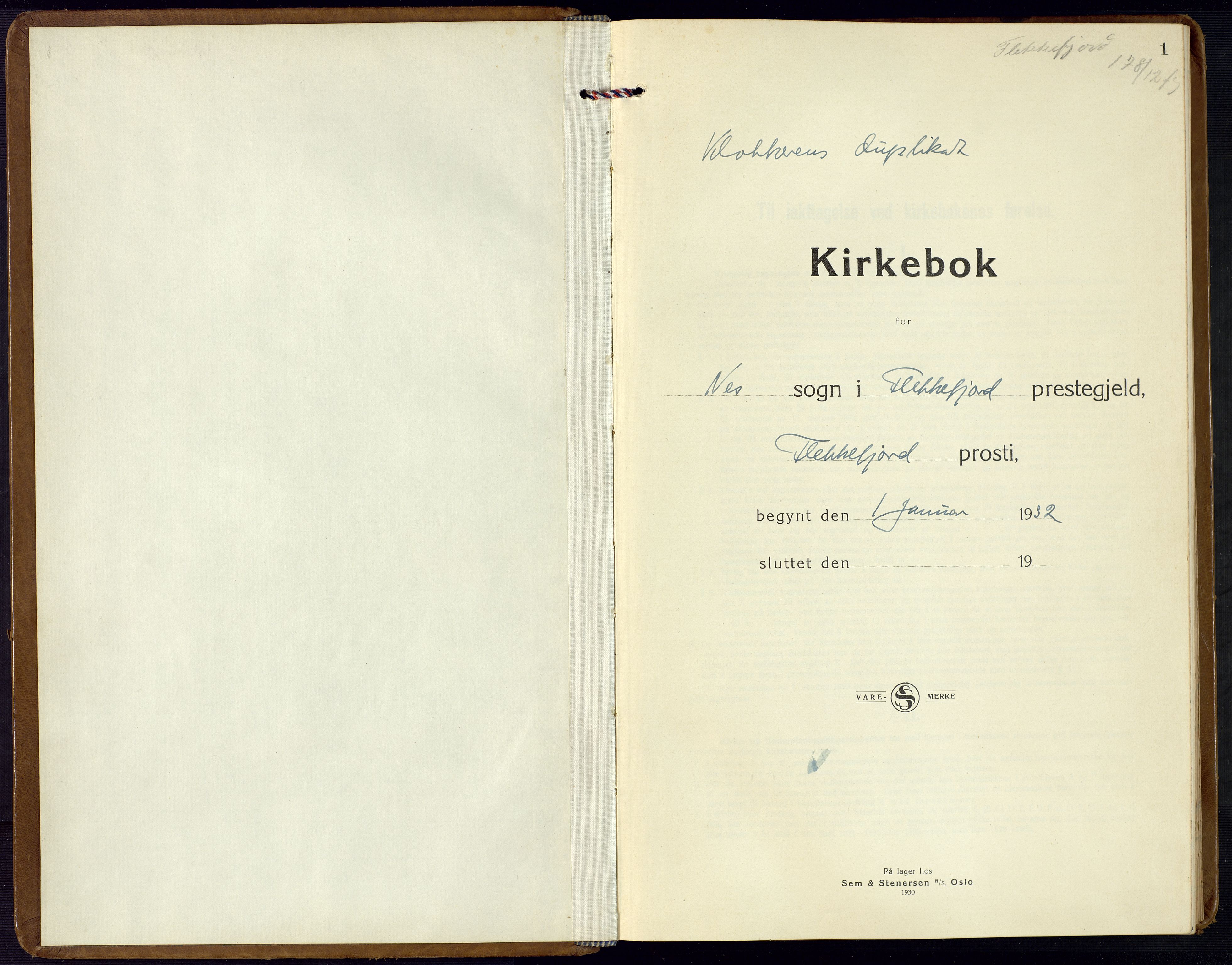 Flekkefjord sokneprestkontor, SAK/1111-0012/F/Fb/Fbc/L0009: Parish register (copy) no. B 9, 1932-1965, p. 1