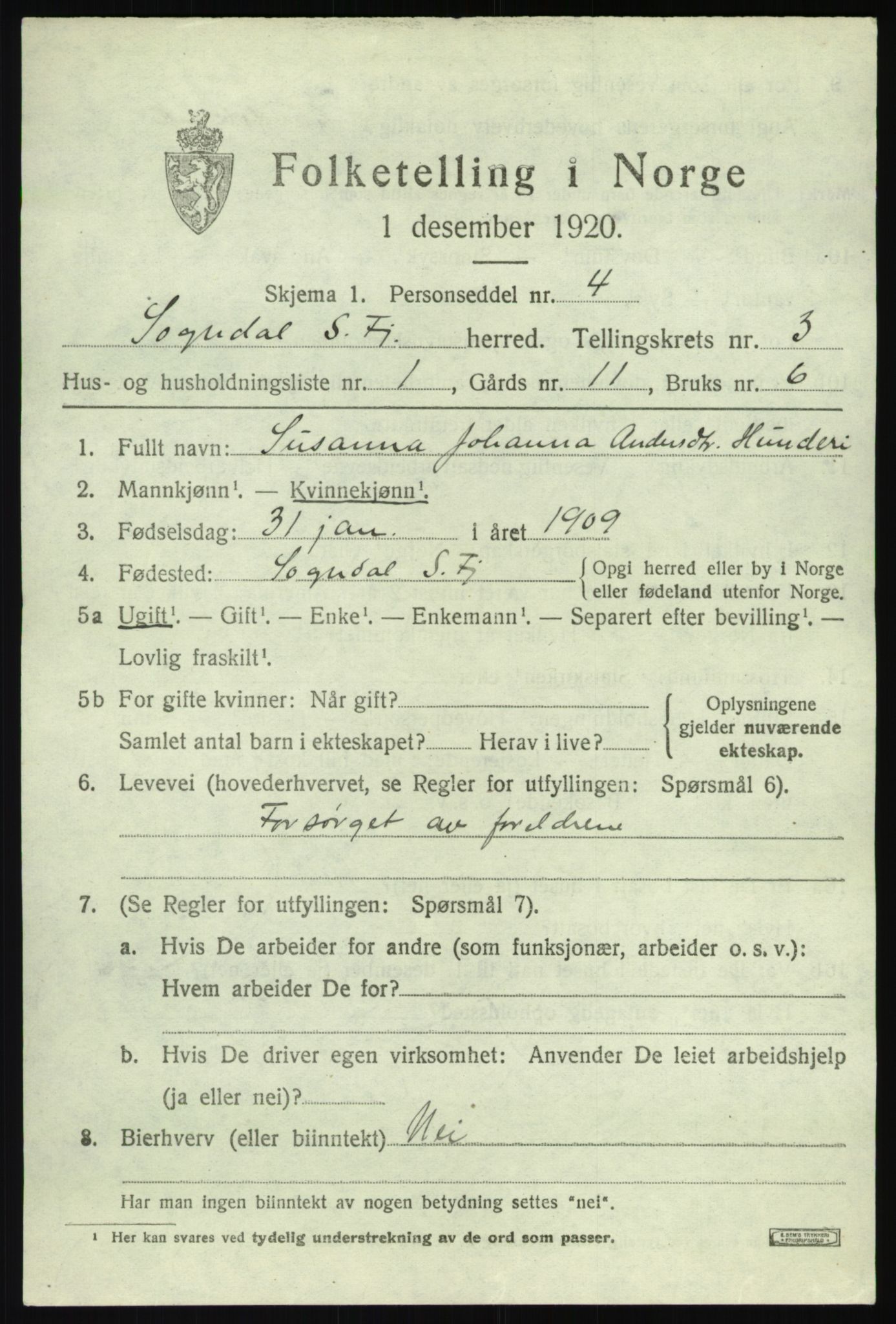 SAB, 1920 census for Sogndal, 1920, p. 2105