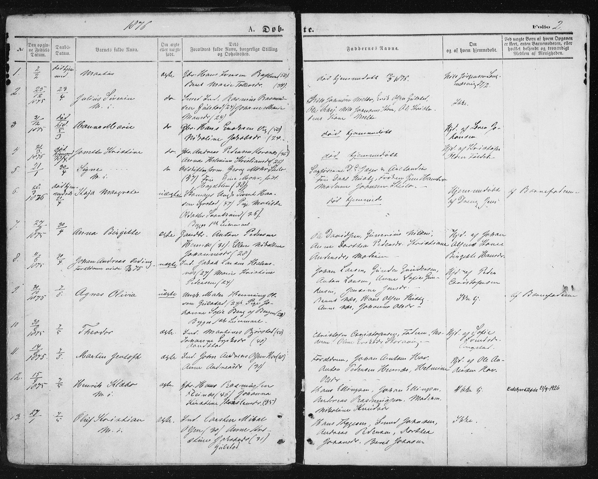 Ministerialprotokoller, klokkerbøker og fødselsregistre - Nordland, AV/SAT-A-1459/888/L1243: Parish register (official) no. 888A09, 1876-1879, p. 2