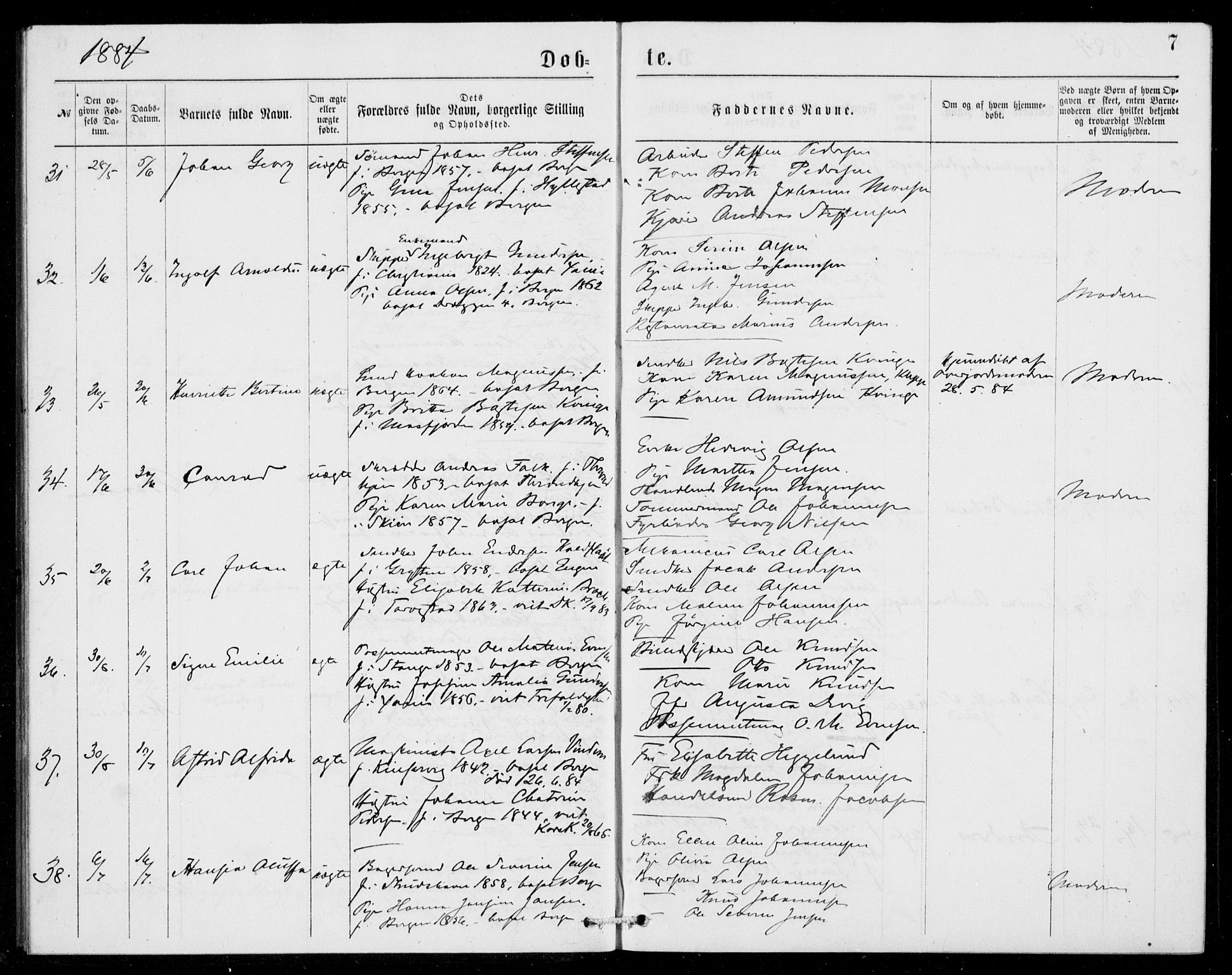 Fødselsstiftelsens sokneprestembete, ført av overlegen*, SAB/-: Parish register (official) no. A 2, 1884-1900, p. 7