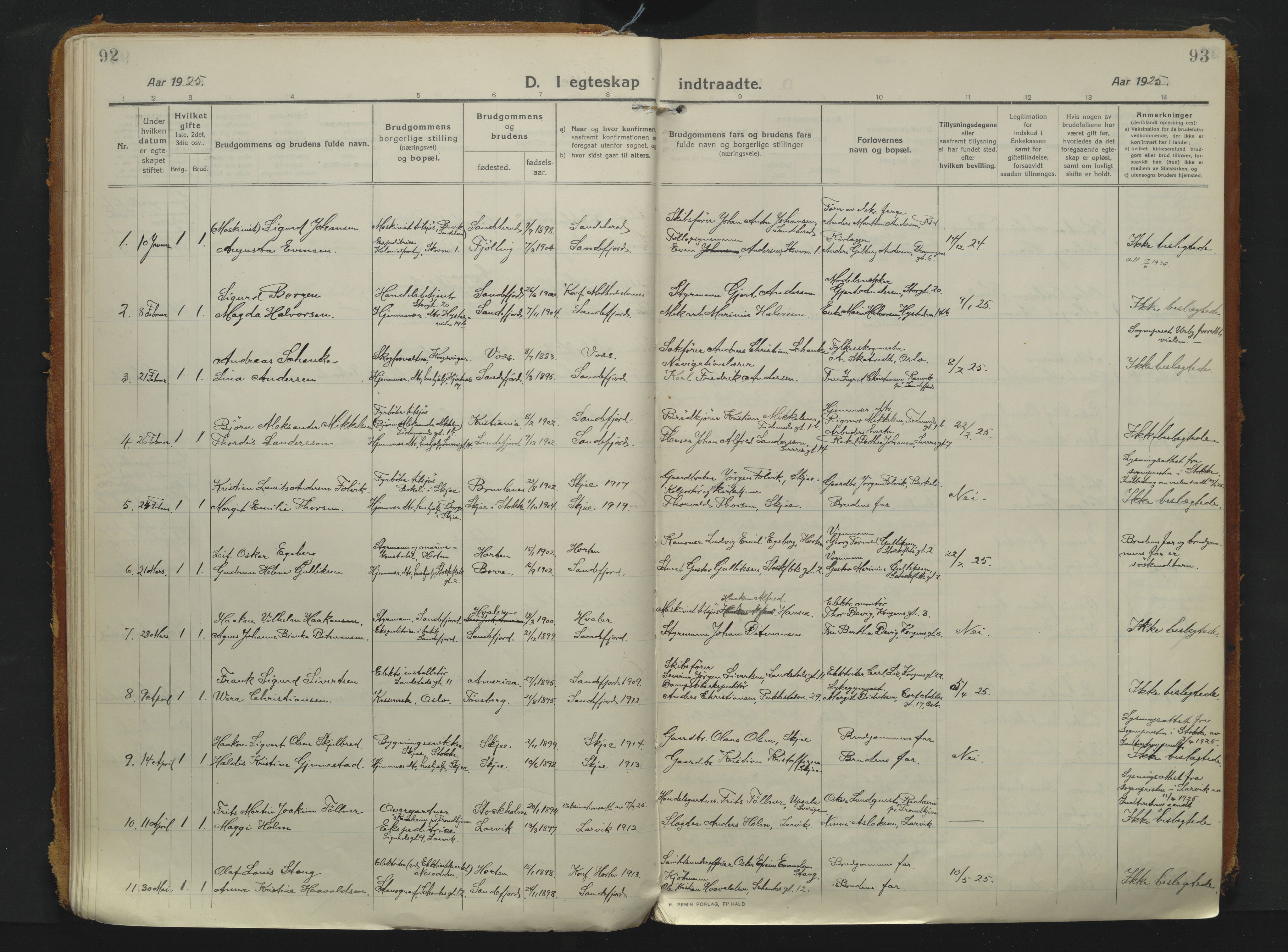Sandefjord kirkebøker, SAKO/A-315/F/Fa/L0008: Parish register (official) no. 8, 1916-1926, p. 92-93