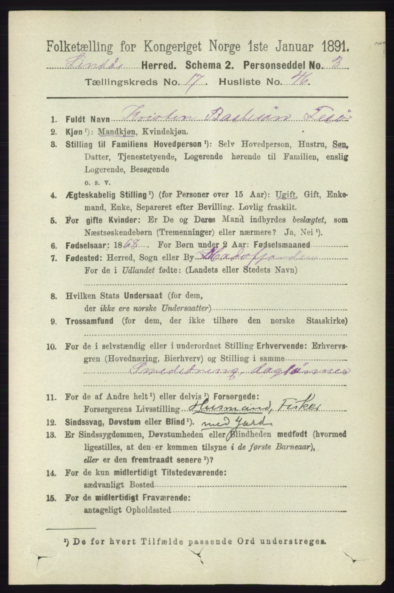 RA, 1891 census for 1263 Lindås, 1891, p. 6450