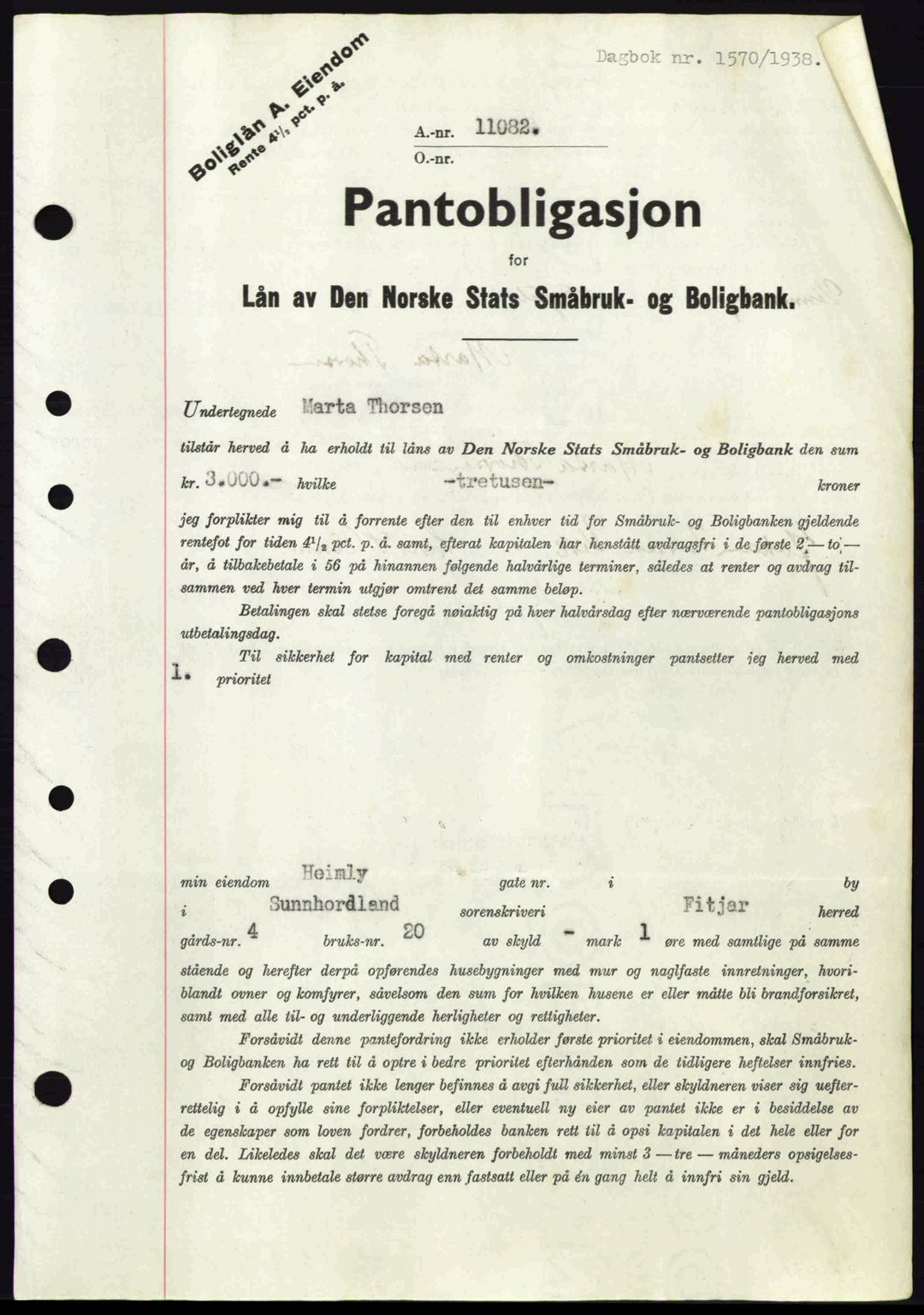 Sunnhordland sorenskrivar, SAB/A-2401: Mortgage book no. Ba, 1937-1945, Diary no: : 1570/1938