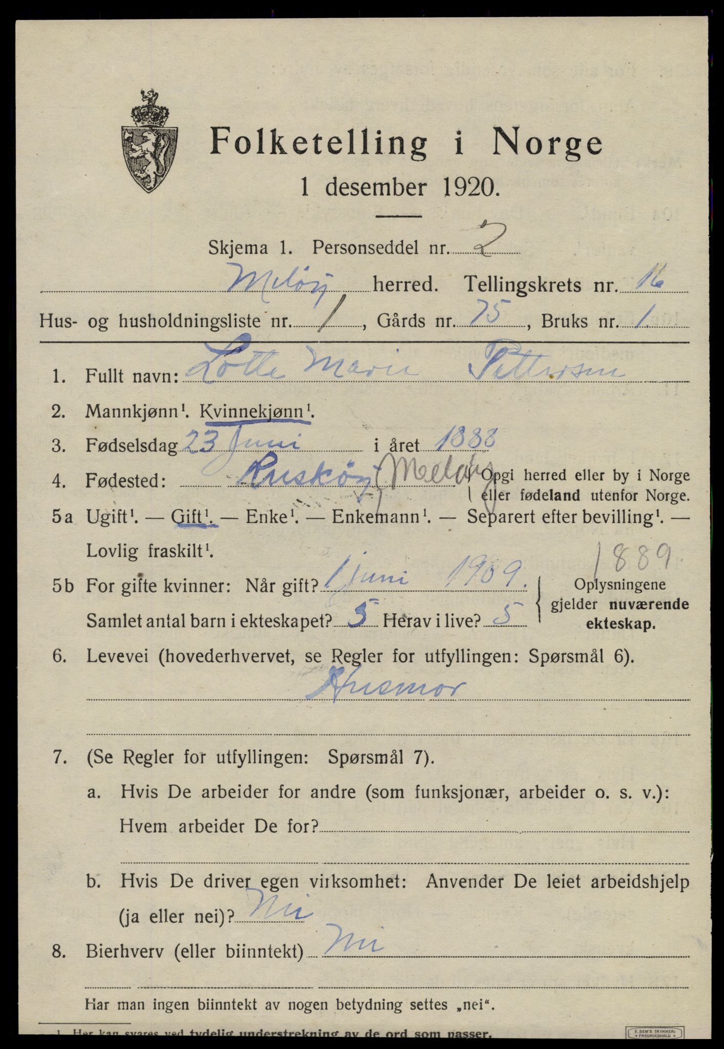 SAT, 1920 census for Meløy, 1920, p. 10273