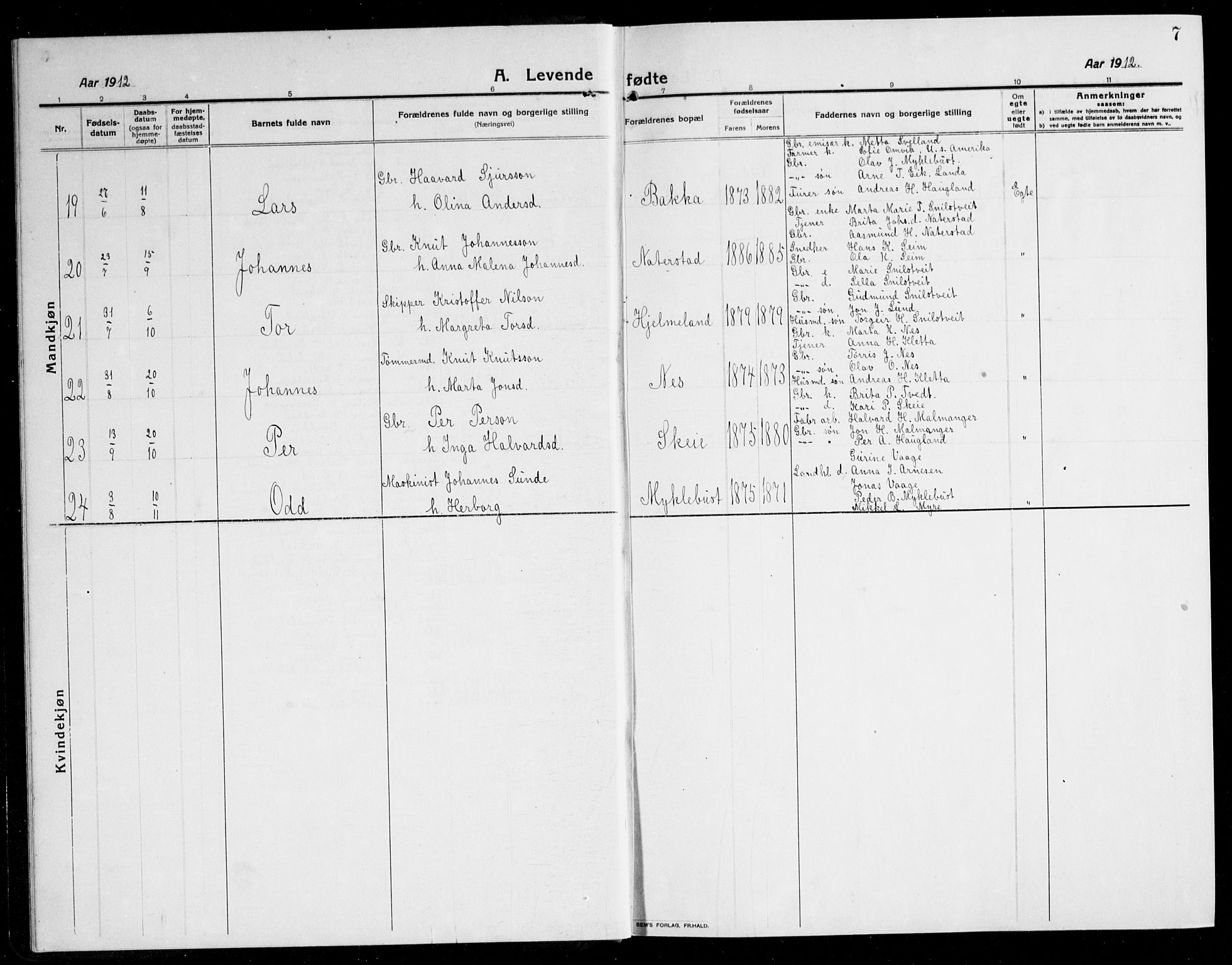 Kvinnherad sokneprestembete, AV/SAB-A-76401/H/Hab: Parish register (copy) no. A 3, 1911-1945, p. 7