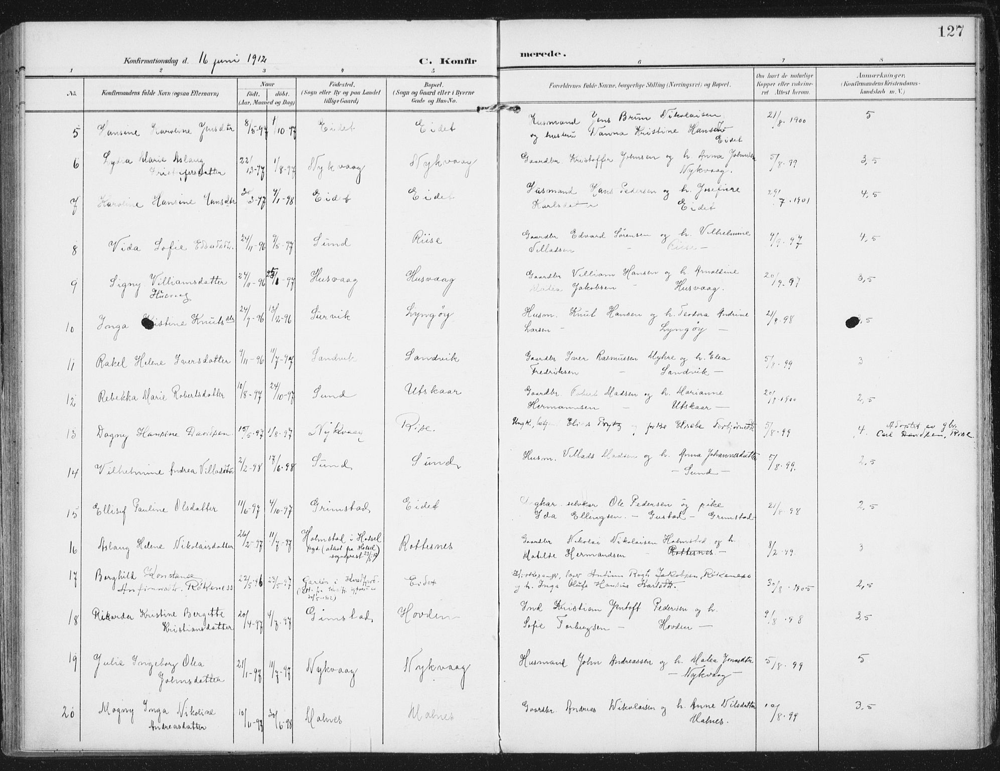 Ministerialprotokoller, klokkerbøker og fødselsregistre - Nordland, SAT/A-1459/892/L1321: Parish register (official) no. 892A02, 1902-1918, p. 127