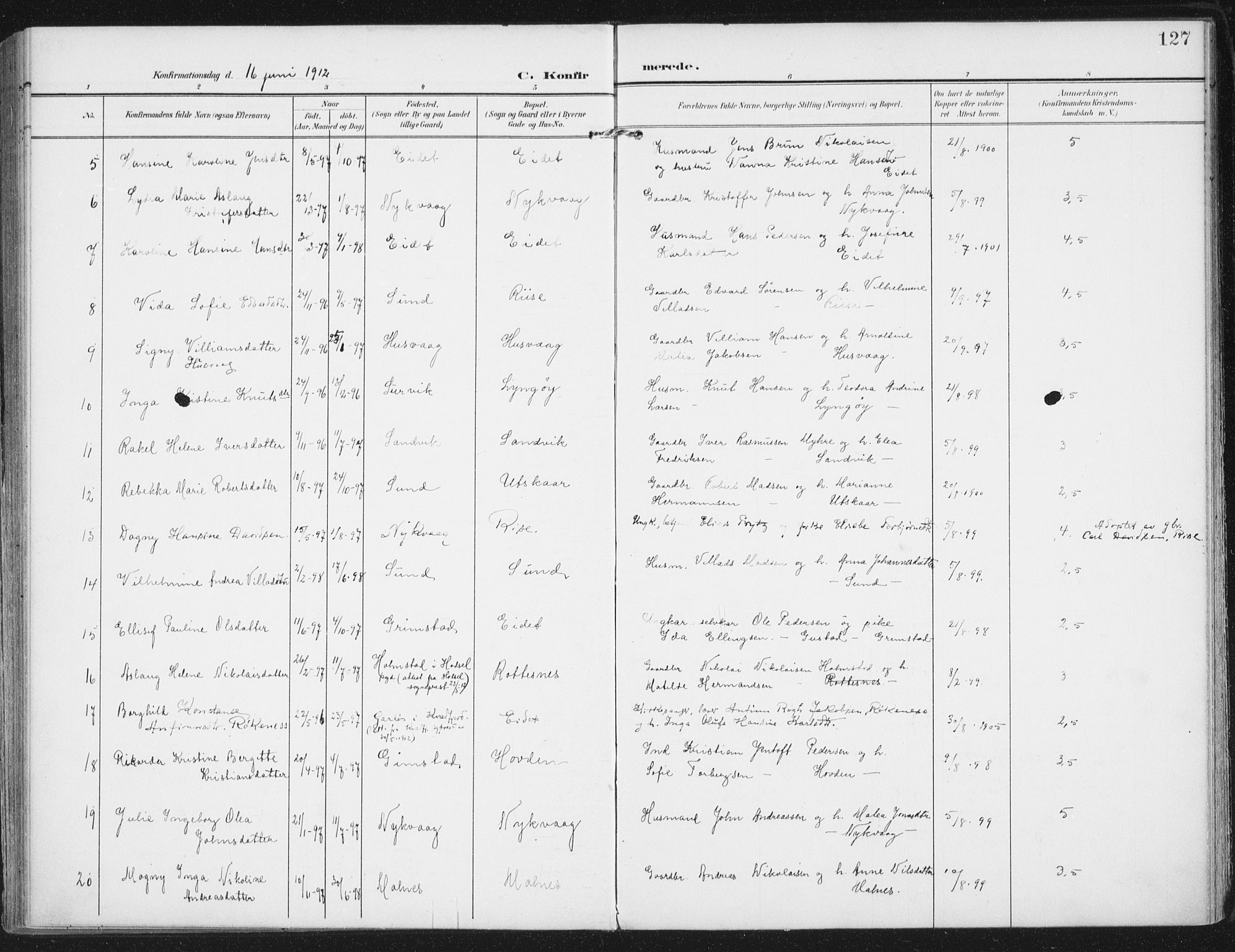 Ministerialprotokoller, klokkerbøker og fødselsregistre - Nordland, AV/SAT-A-1459/892/L1321: Parish register (official) no. 892A02, 1902-1918, p. 127