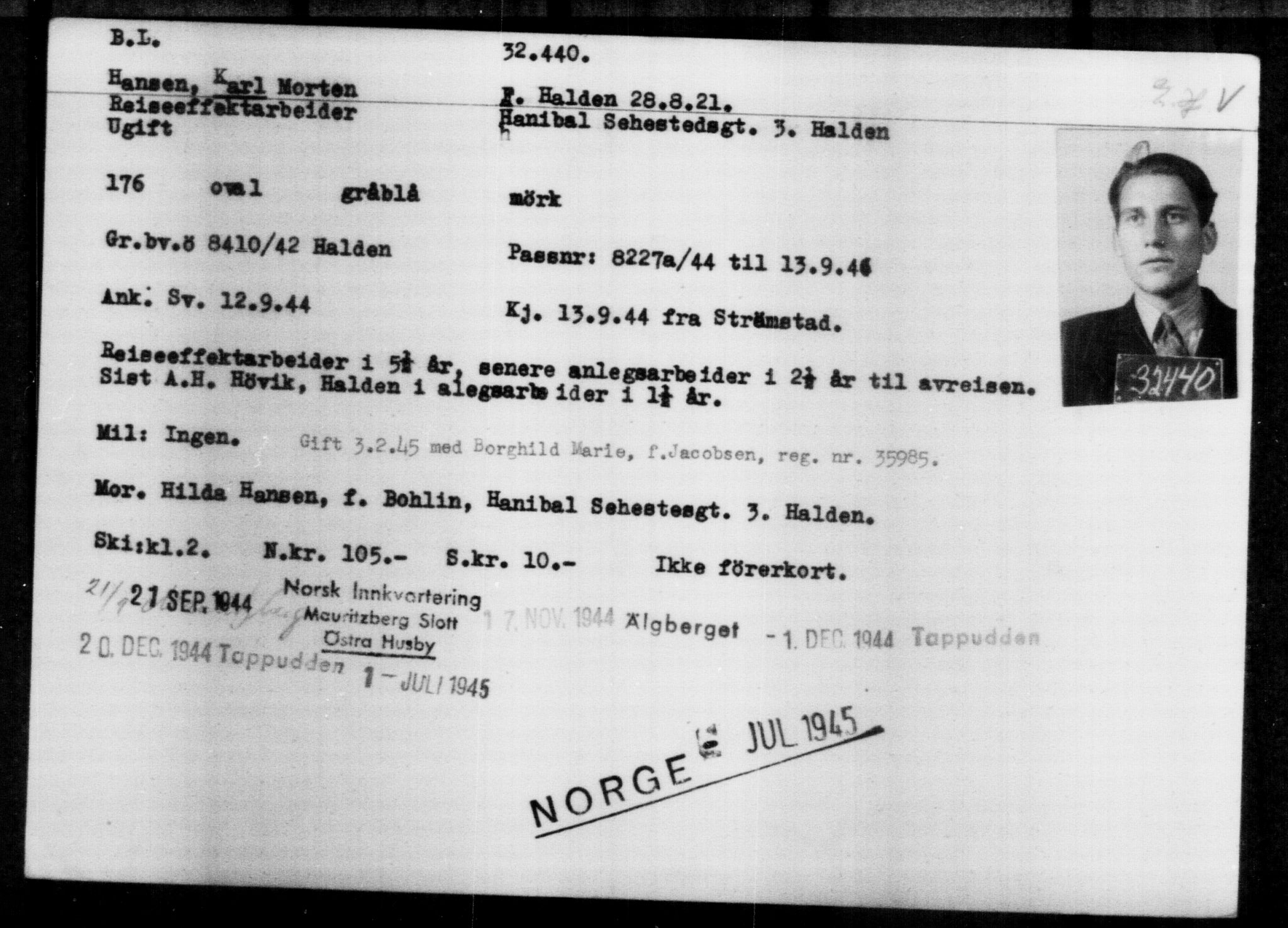 Utenriksstasjonene, Legasjonen i Stockholm, Flyktningkontoret, AV/RA-S-6753/V/Va/L0013: Kjesäterkartoteket, flyktninger med registreringsnr. 31500-34731, 1940-1945, p. 994