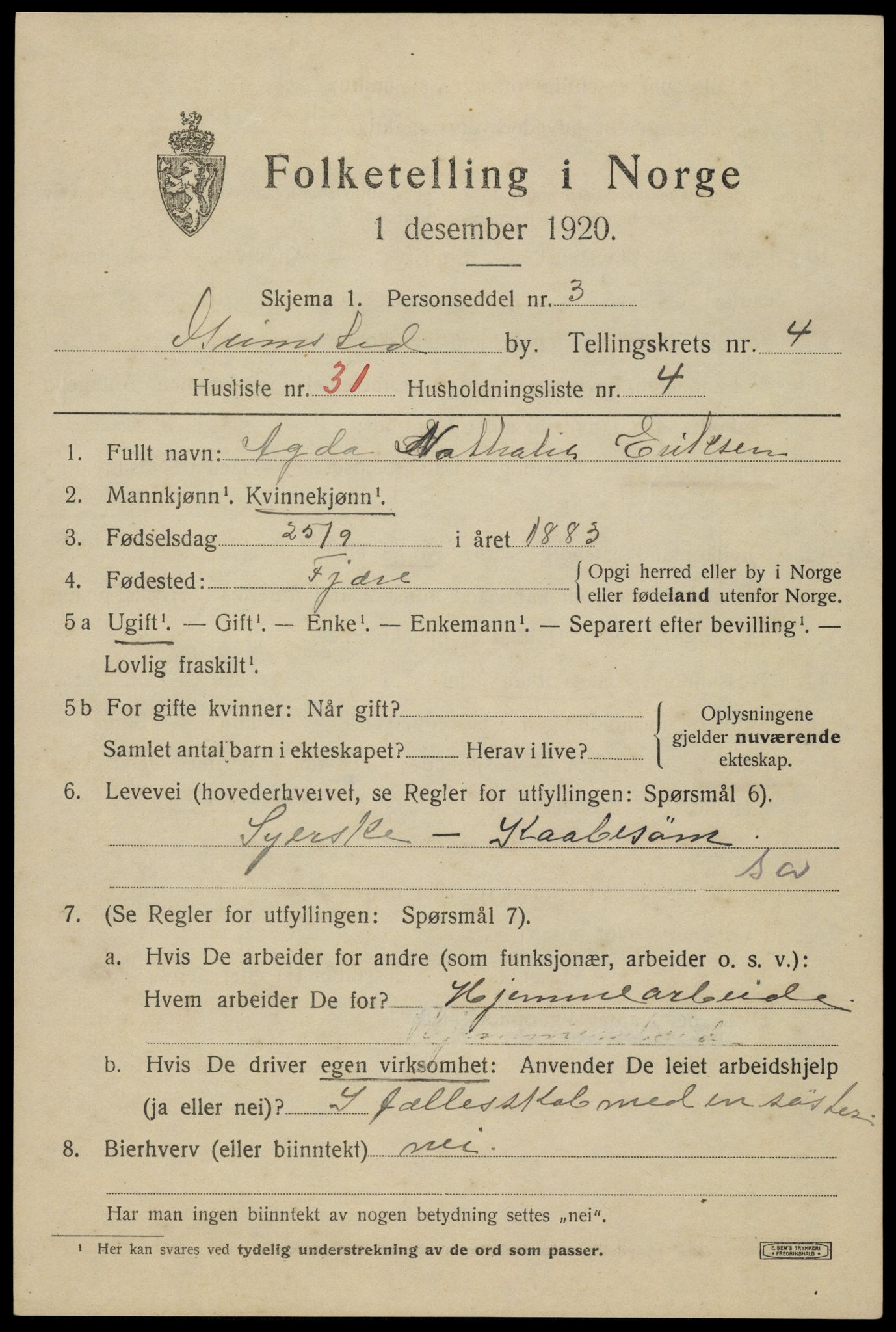 SAK, 1920 census for Grimstad, 1920, p. 5833