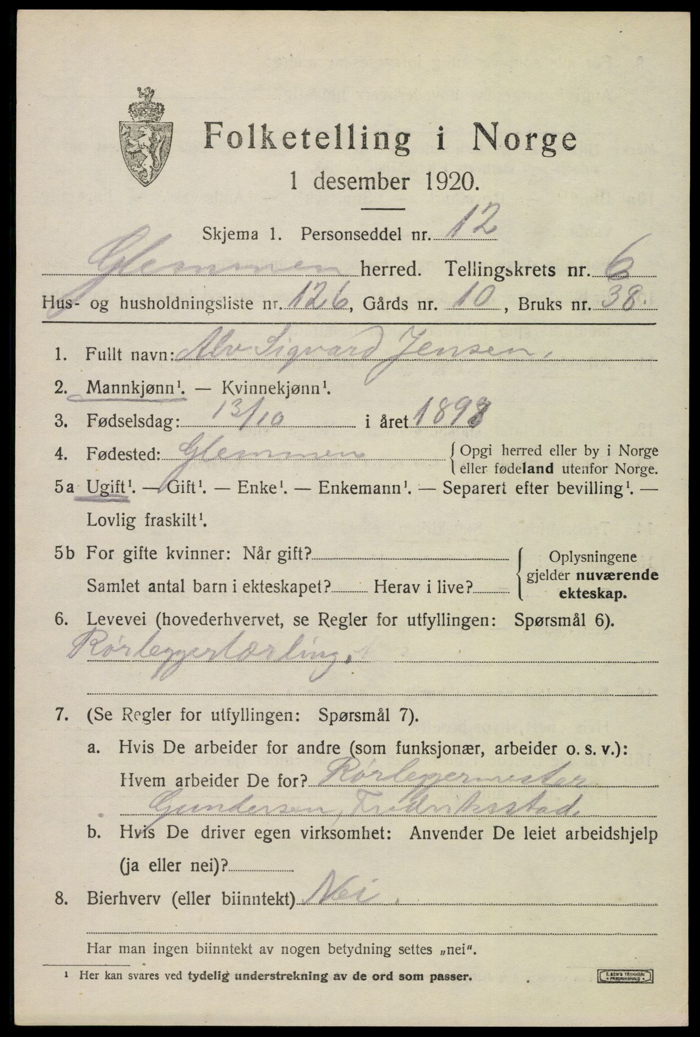 SAO, 1920 census for Glemmen, 1920, p. 23565