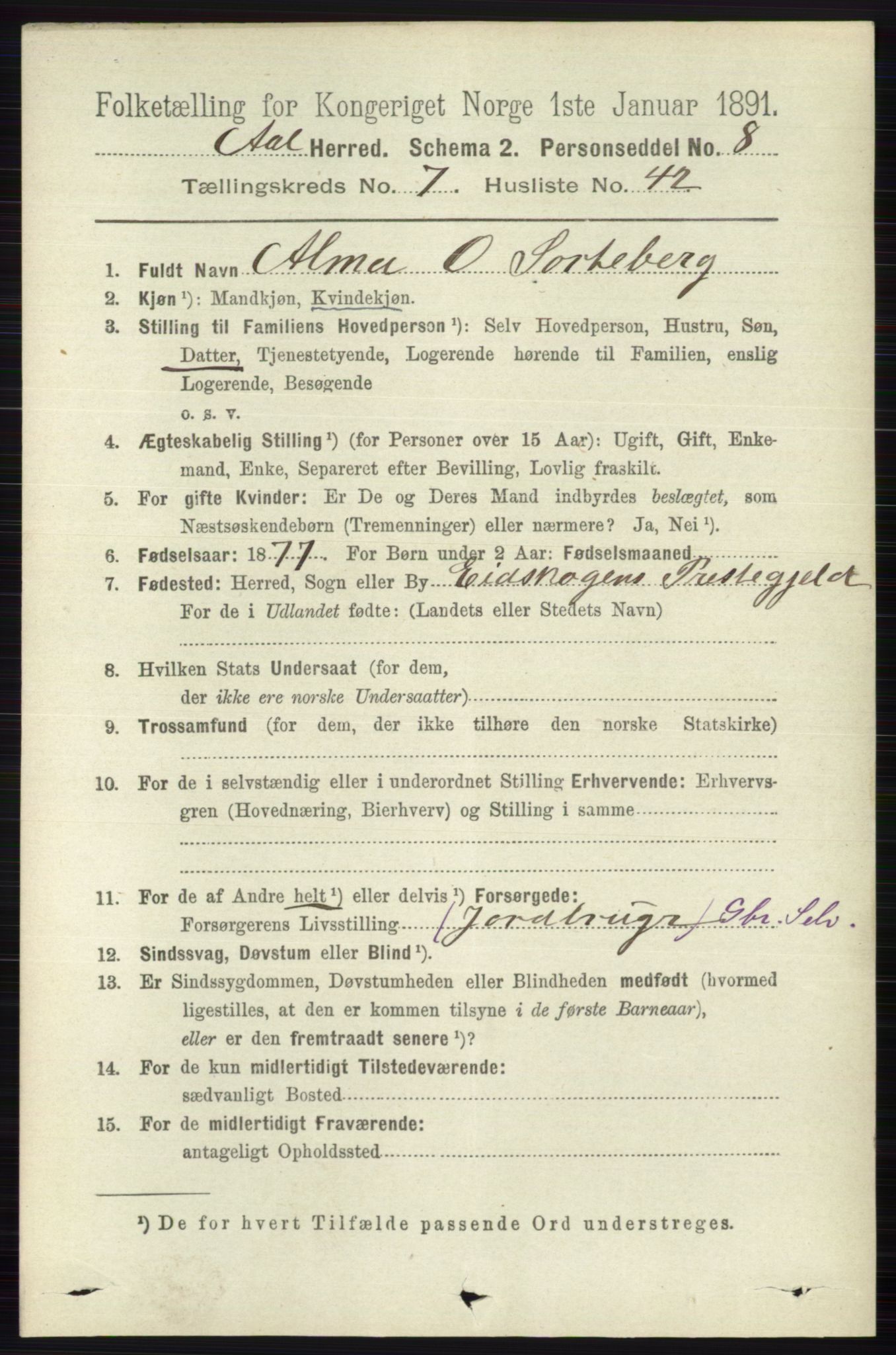 RA, 1891 census for 0619 Ål, 1891, p. 2023