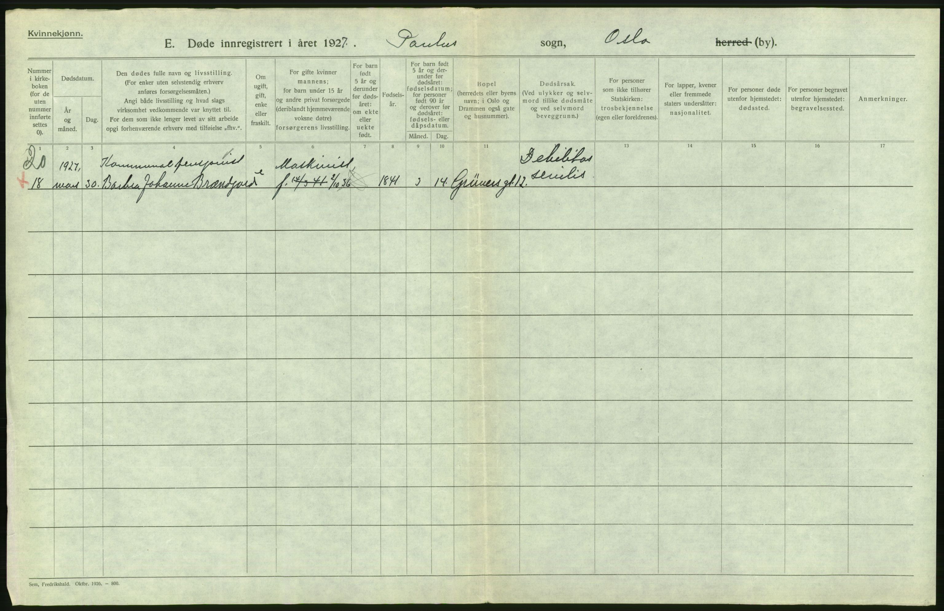 Statistisk sentralbyrå, Sosiodemografiske emner, Befolkning, AV/RA-S-2228/D/Df/Dfc/Dfcg/L0010: Oslo: Døde kvinner, dødfødte, 1927, p. 432