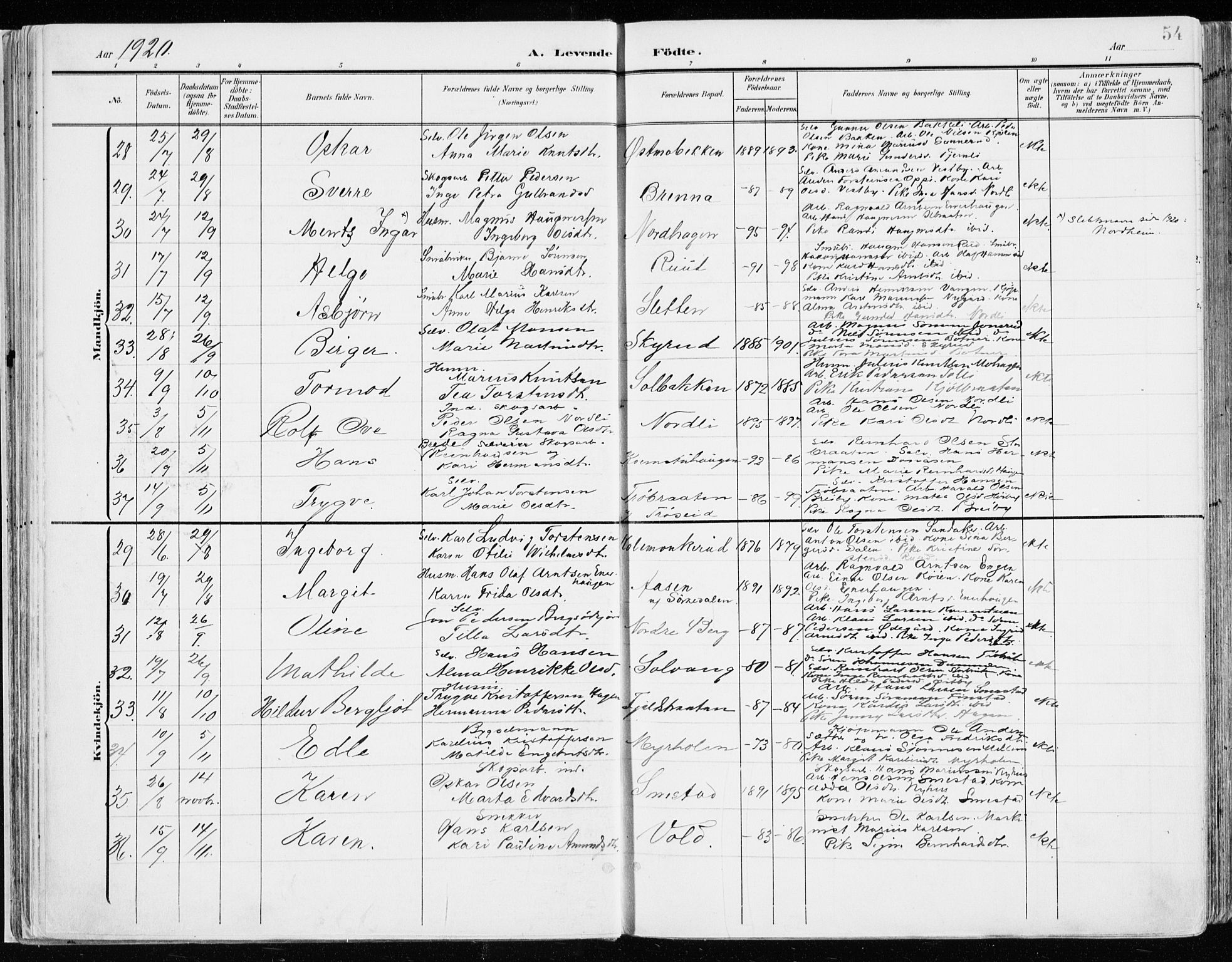 Nord-Odal prestekontor, AV/SAH-PREST-032/H/Ha/Haa/L0009: Parish register (official) no. 9, 1902-1926, p. 54