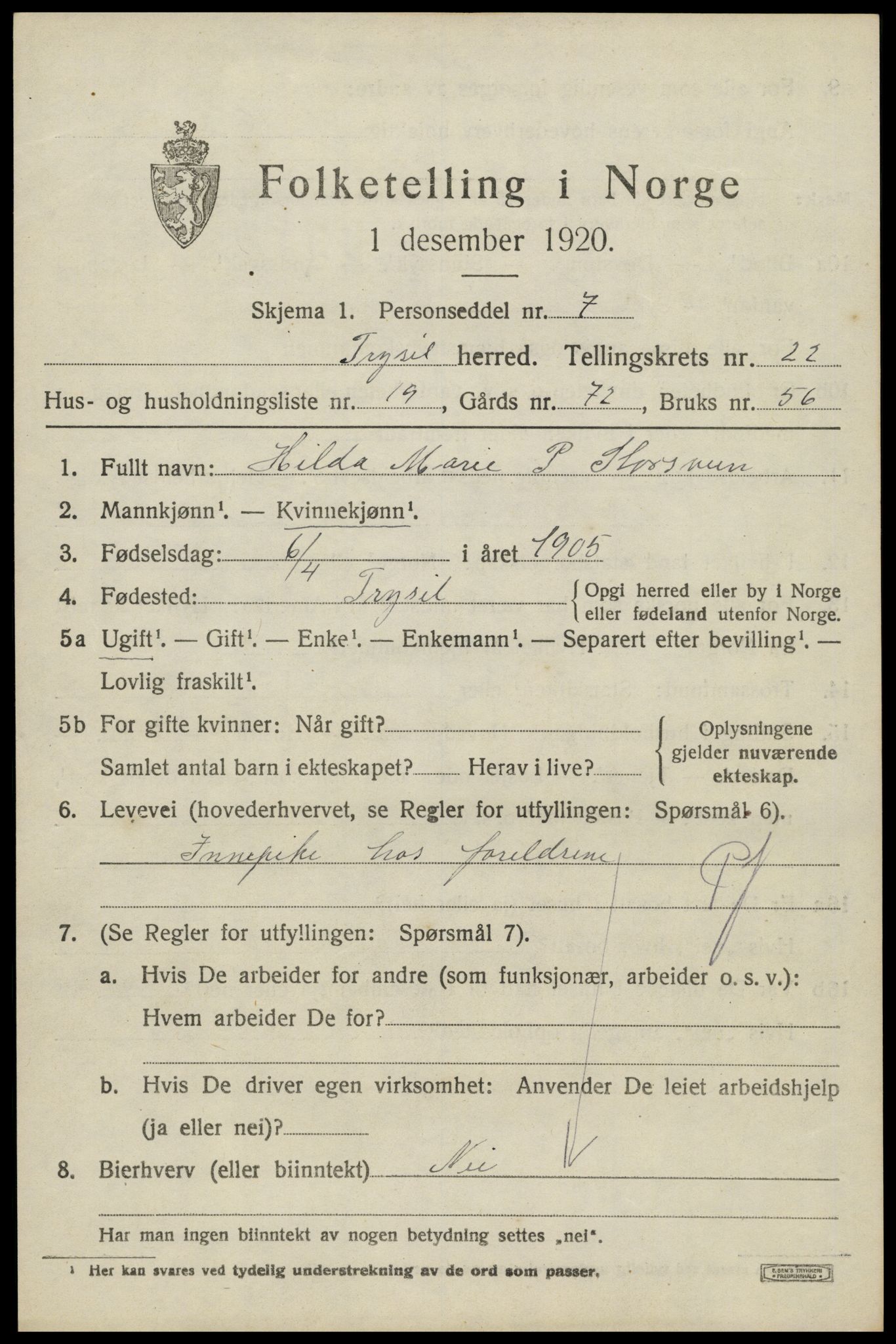 SAH, 1920 census for Trysil, 1920, p. 14839