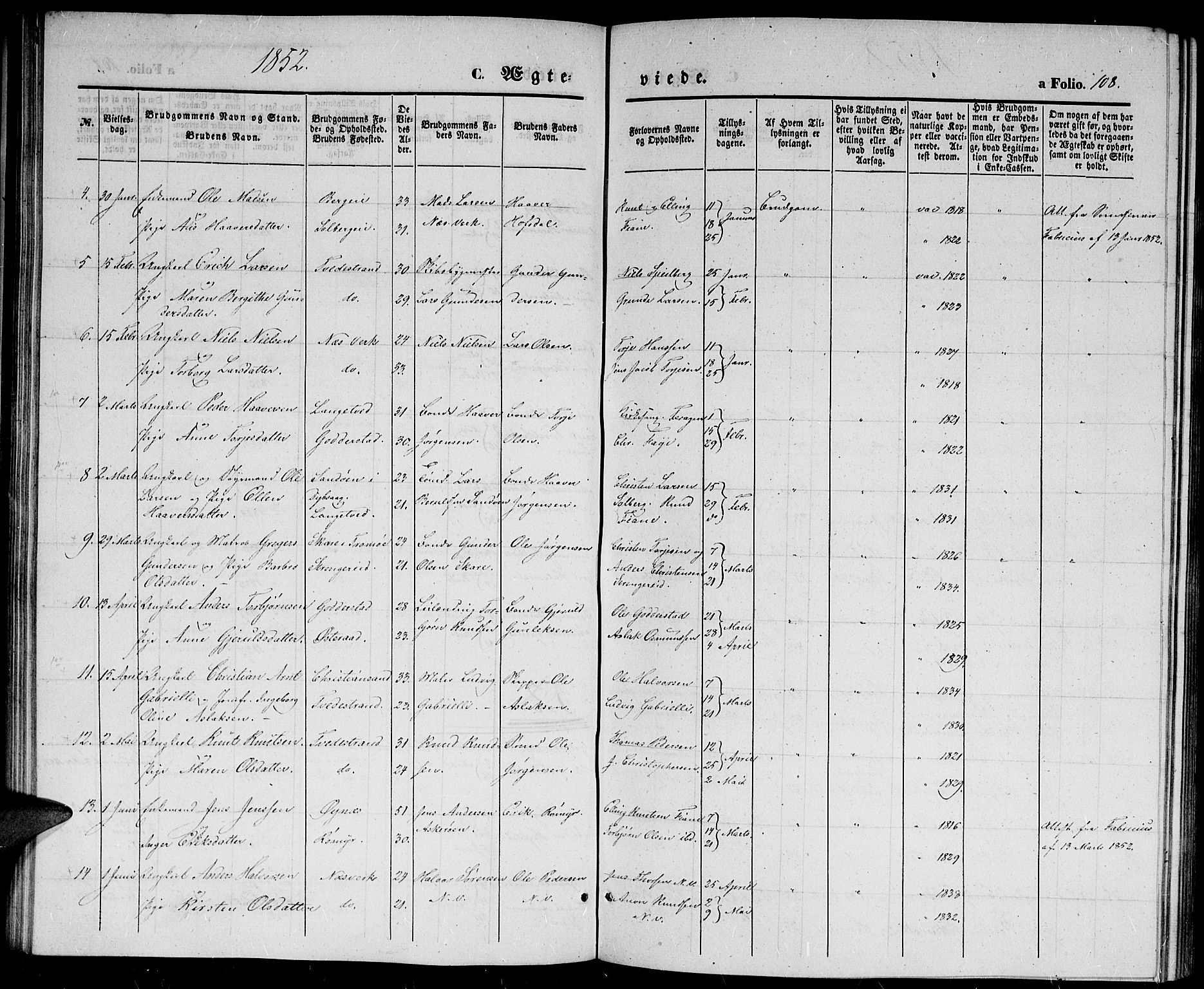 Holt sokneprestkontor, AV/SAK-1111-0021/F/Fb/L0007: Parish register (copy) no. B 7, 1849-1858, p. 108