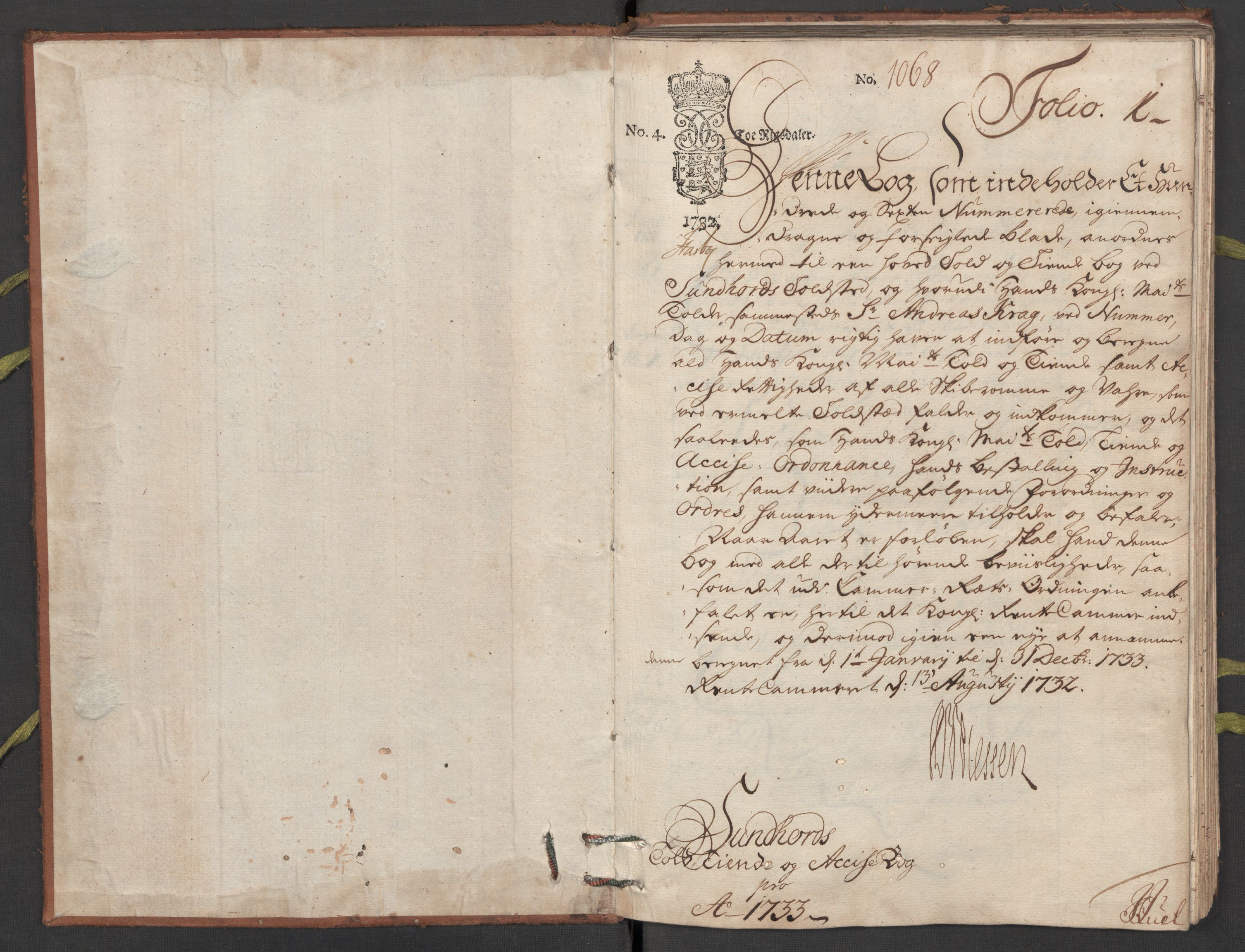 Generaltollkammeret, tollregnskaper, AV/RA-EA-5490/R24/L0009/0001: Tollregnskaper Sunnhordland / Hovedtollbok, 1733, p. 1a