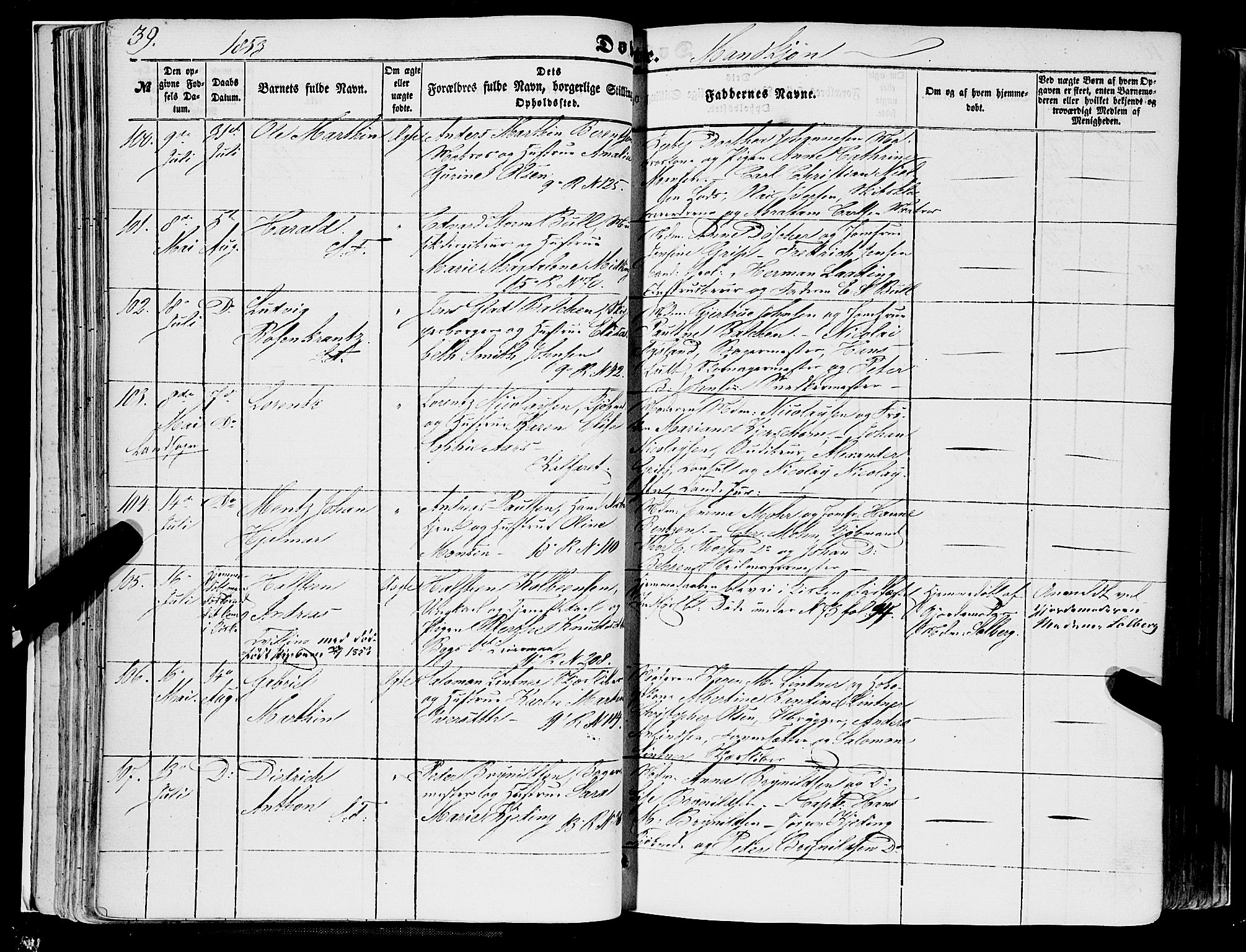 Domkirken sokneprestembete, AV/SAB-A-74801/H/Haa/L0020: Parish register (official) no. B 3, 1851-1859, p. 39