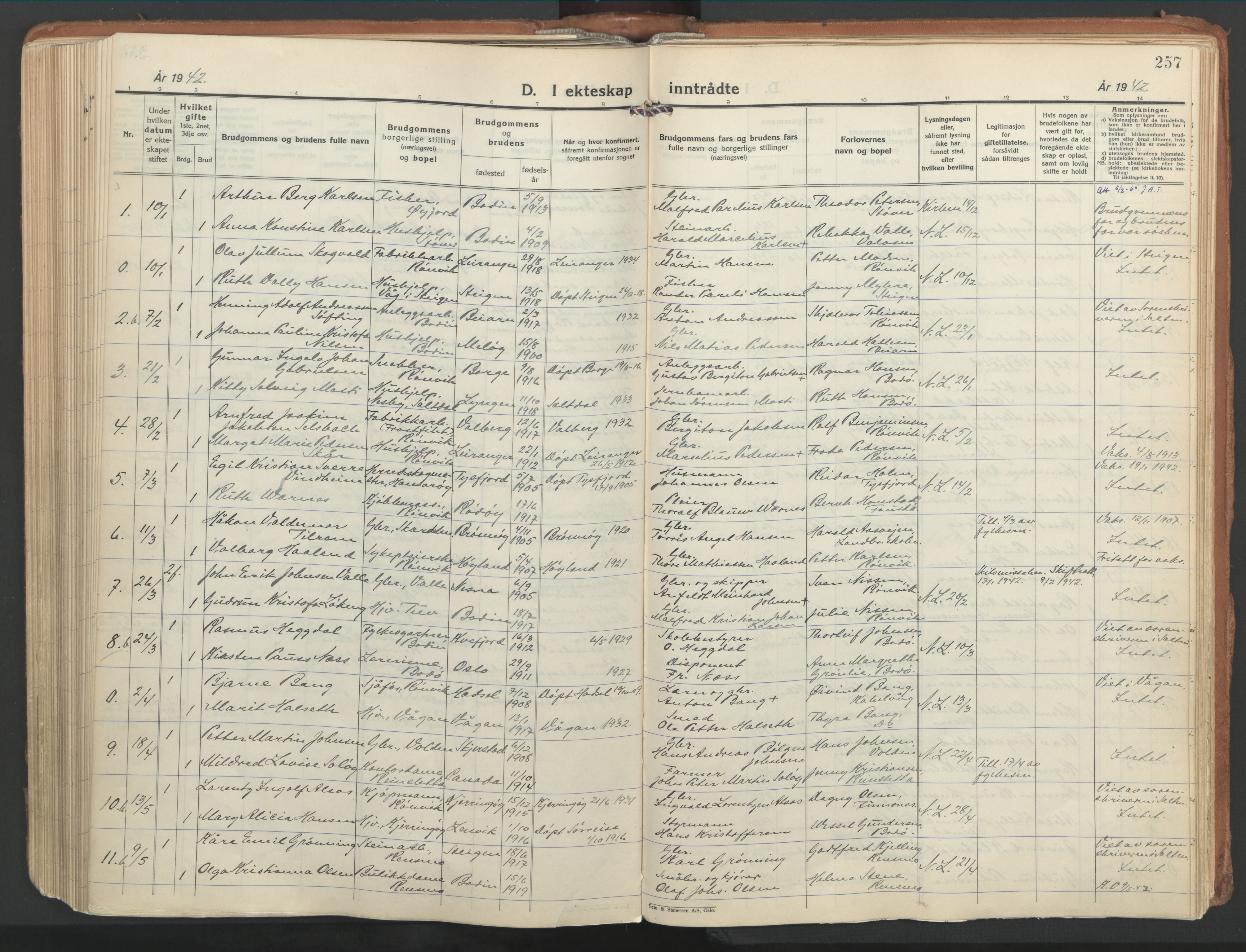 Ministerialprotokoller, klokkerbøker og fødselsregistre - Nordland, SAT/A-1459/802/L0061: Parish register (official) no. 802A08, 1933-1946, p. 257