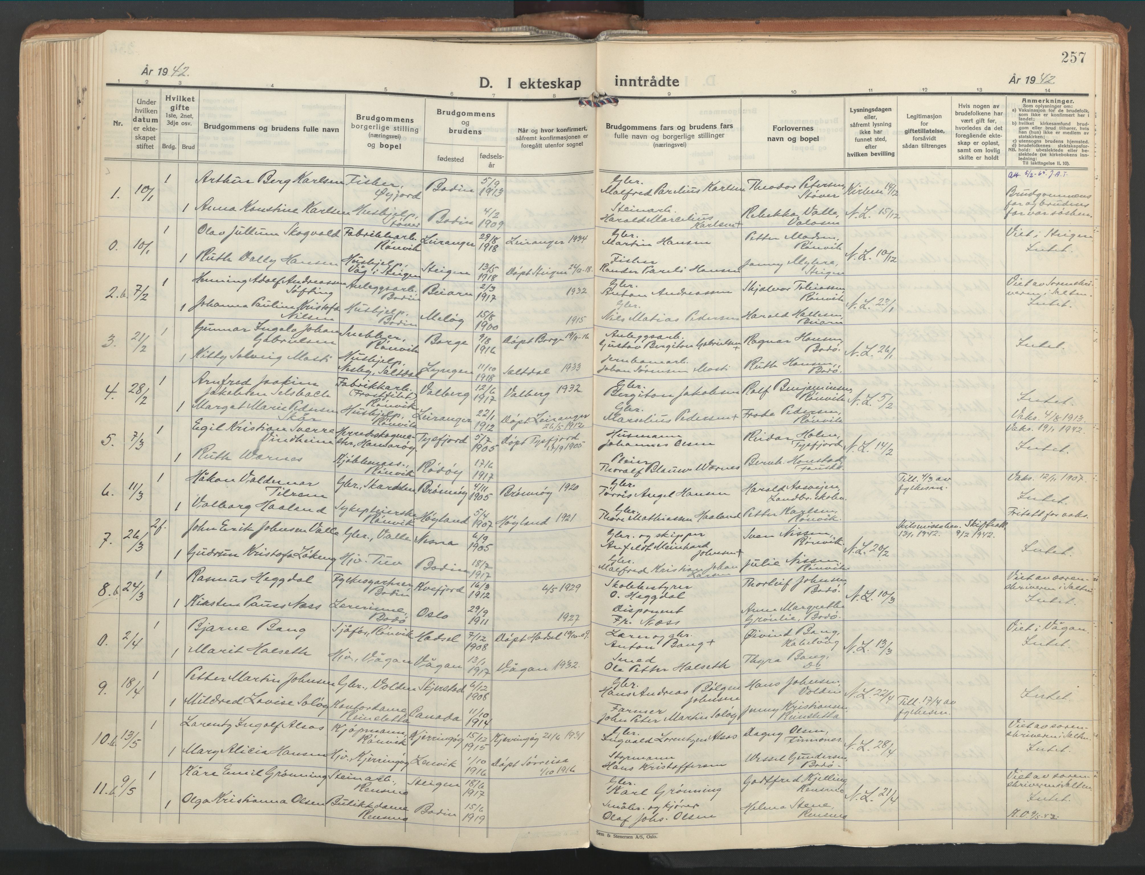 Ministerialprotokoller, klokkerbøker og fødselsregistre - Nordland, AV/SAT-A-1459/802/L0061: Parish register (official) no. 802A08, 1933-1946, p. 257