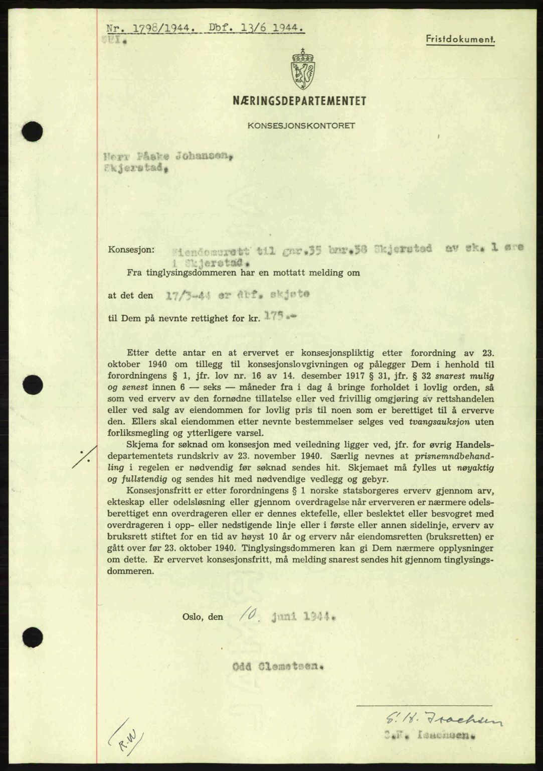 Salten sorenskriveri, SAT/A-4578/1/2/2C: Mortgage book no. A14-15, 1943-1945, Diary no: : 1798/1944