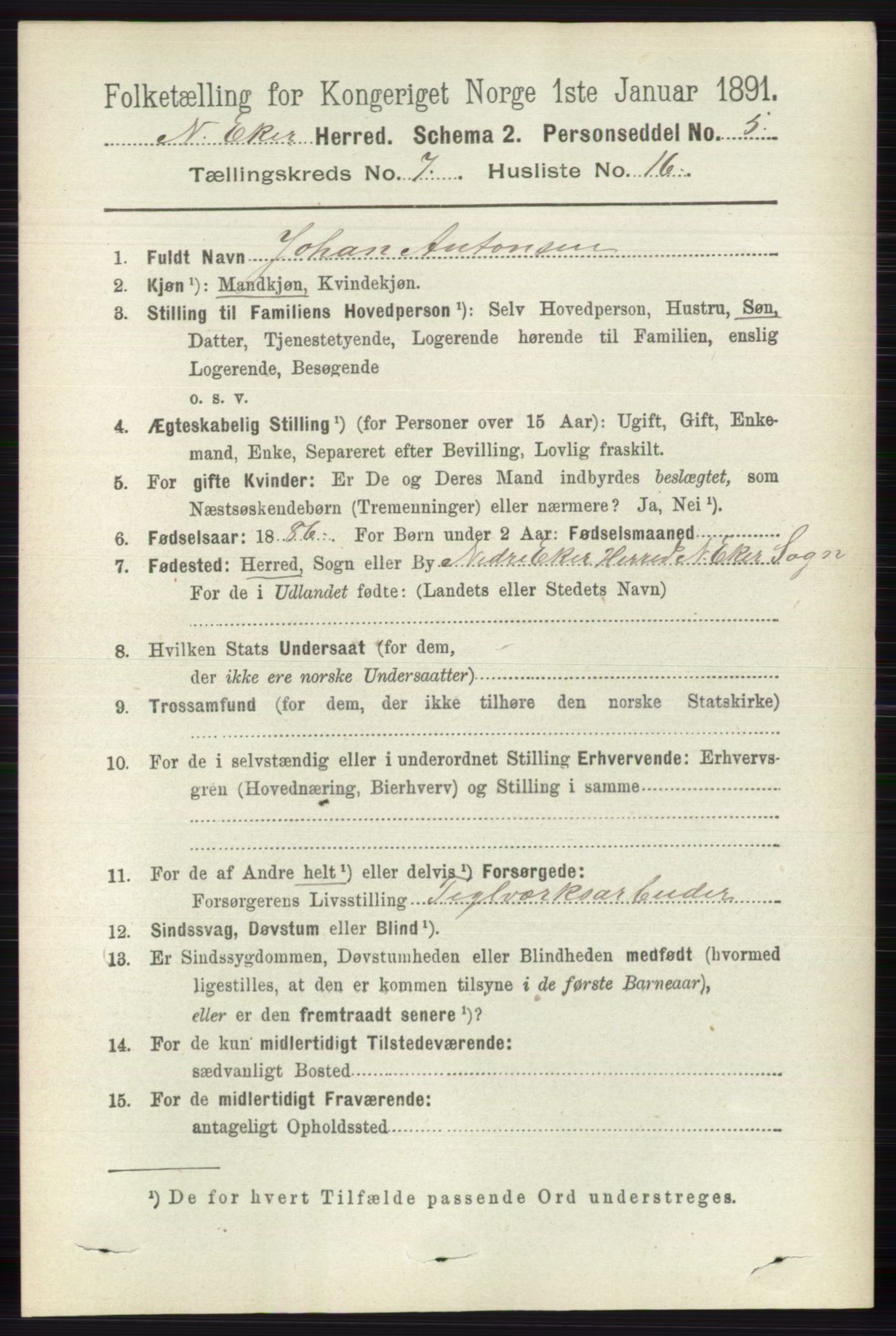 RA, 1891 census for 0625 Nedre Eiker, 1891, p. 3498