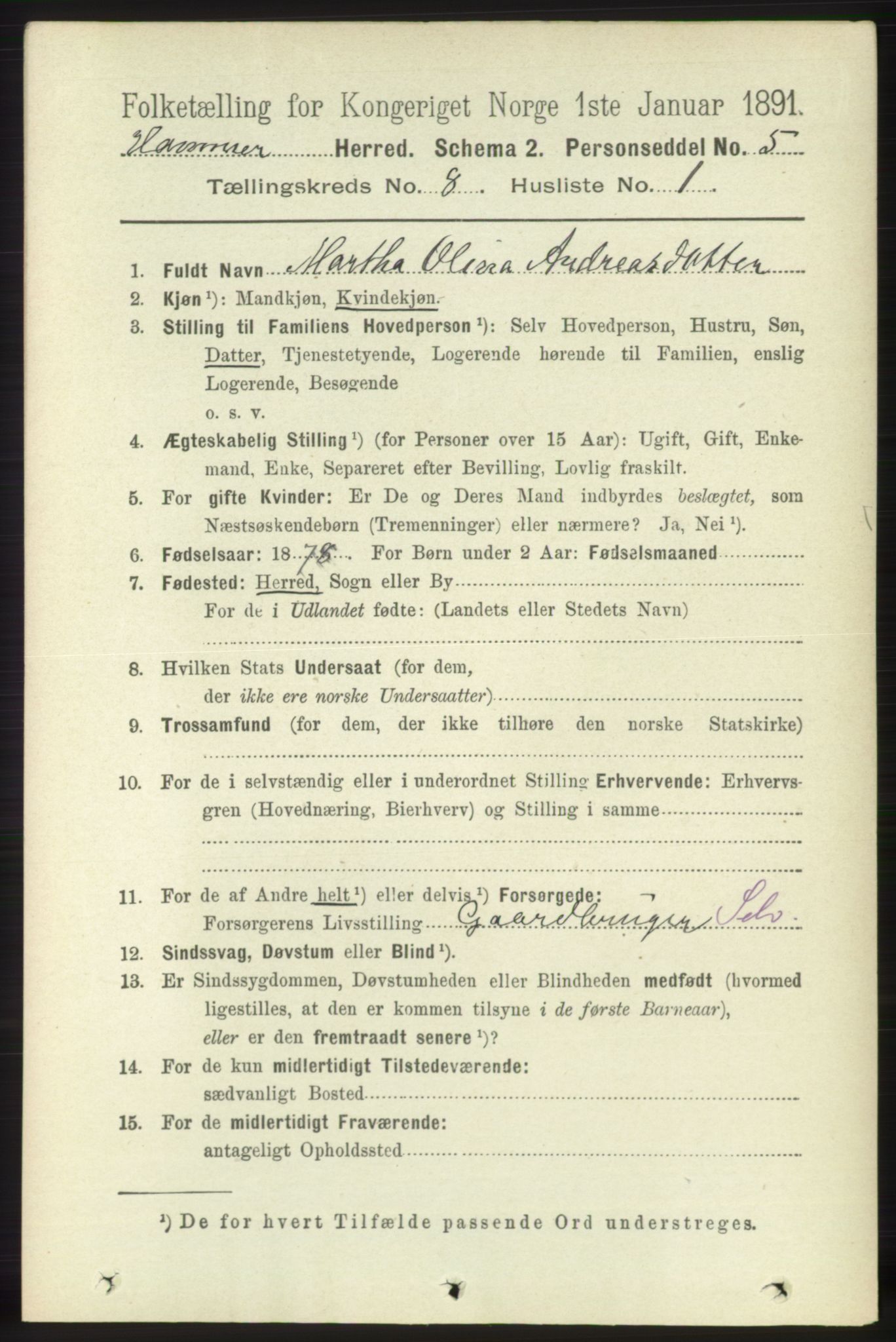 RA, 1891 census for 1254 Hamre, 1891, p. 2003