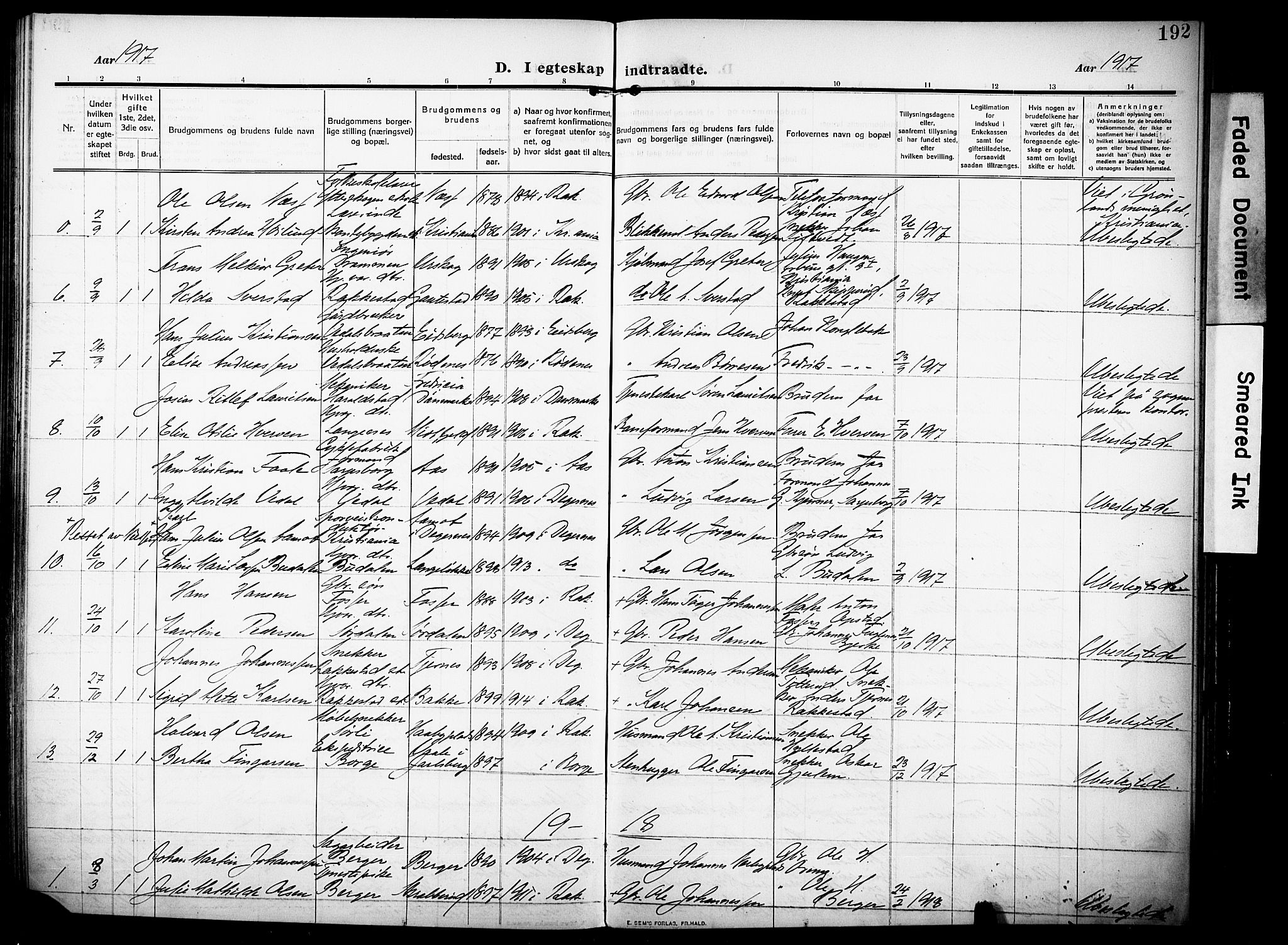 Rakkestad prestekontor Kirkebøker, SAO/A-2008/F/Fa/L0015: Parish register (official) no. I 15, 1909-1922, p. 192