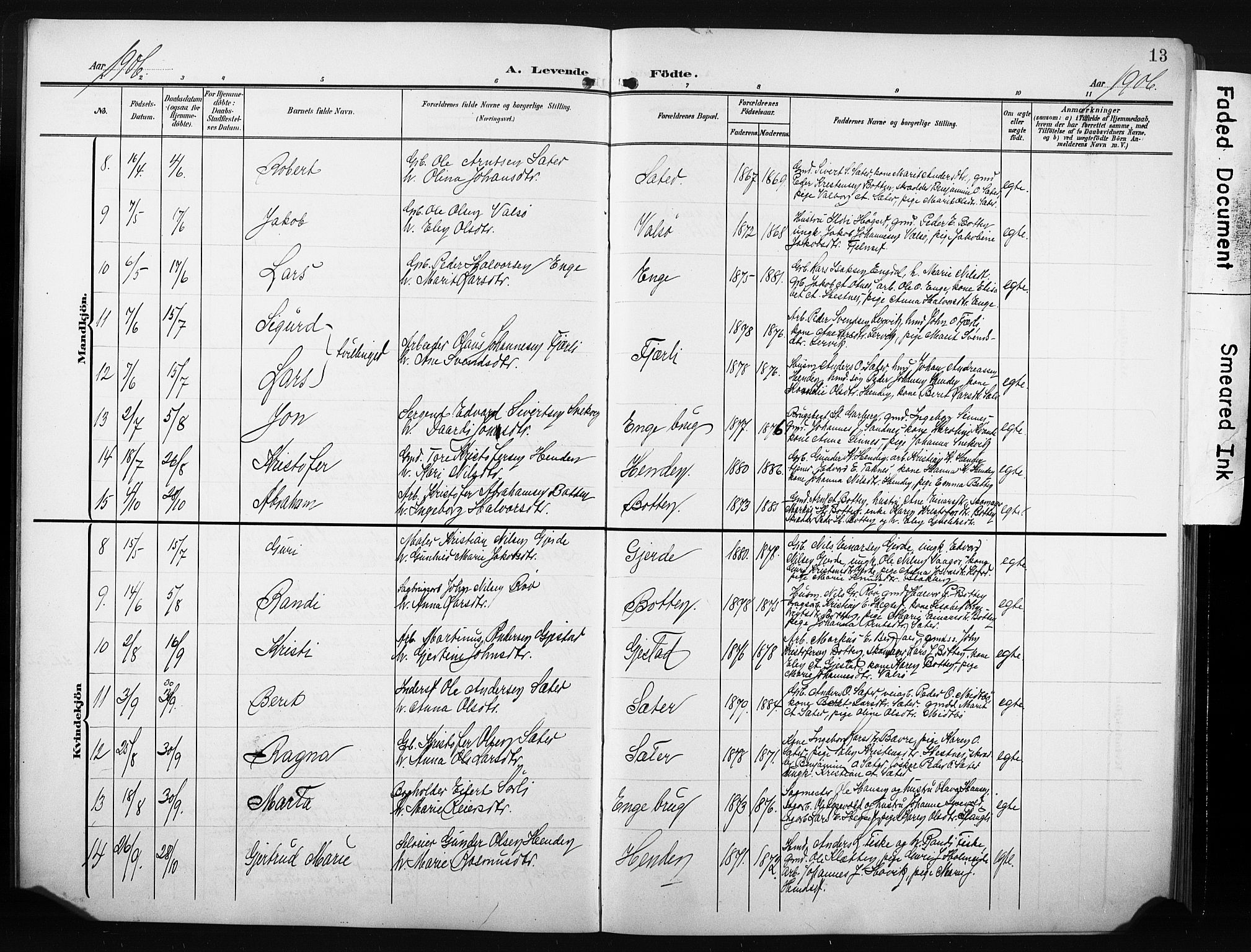 Ministerialprotokoller, klokkerbøker og fødselsregistre - Møre og Romsdal, AV/SAT-A-1454/580/L0927: Parish register (copy) no. 580C02, 1904-1932, p. 13