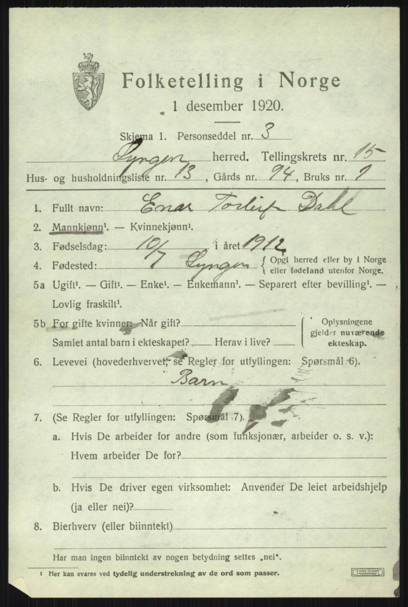 SATØ, 1920 census for Lyngen, 1920, p. 13001