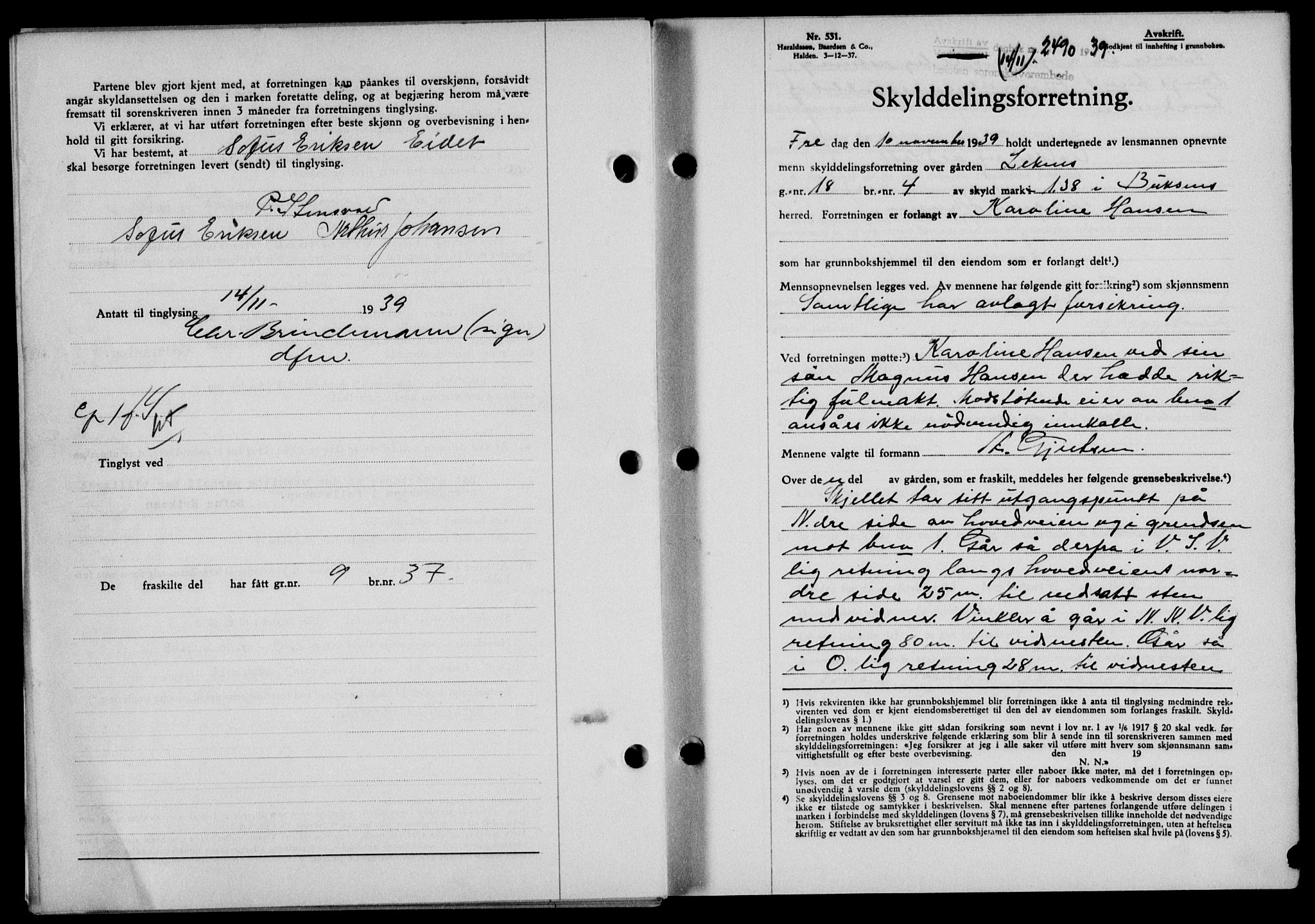 Lofoten sorenskriveri, SAT/A-0017/1/2/2C/L0006a: Mortgage book no. 6a, 1939-1939, Diary no: : 2490/1939