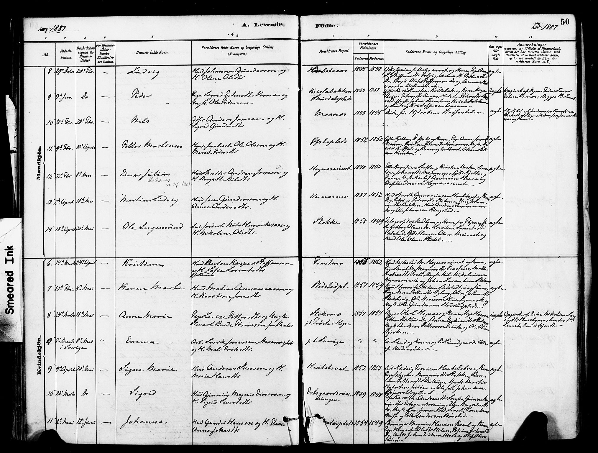 Ministerialprotokoller, klokkerbøker og fødselsregistre - Nord-Trøndelag, AV/SAT-A-1458/709/L0077: Parish register (official) no. 709A17, 1880-1895, p. 50