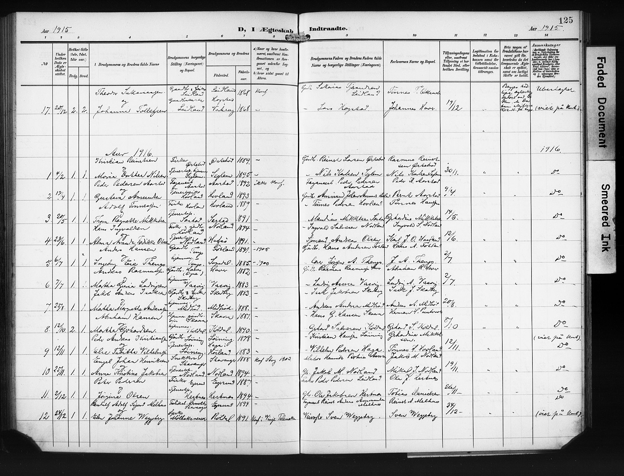Eigersund sokneprestkontor, SAST/A-101807/S09/L0011: Parish register (copy) no. B 11, 1908-1930, p. 125