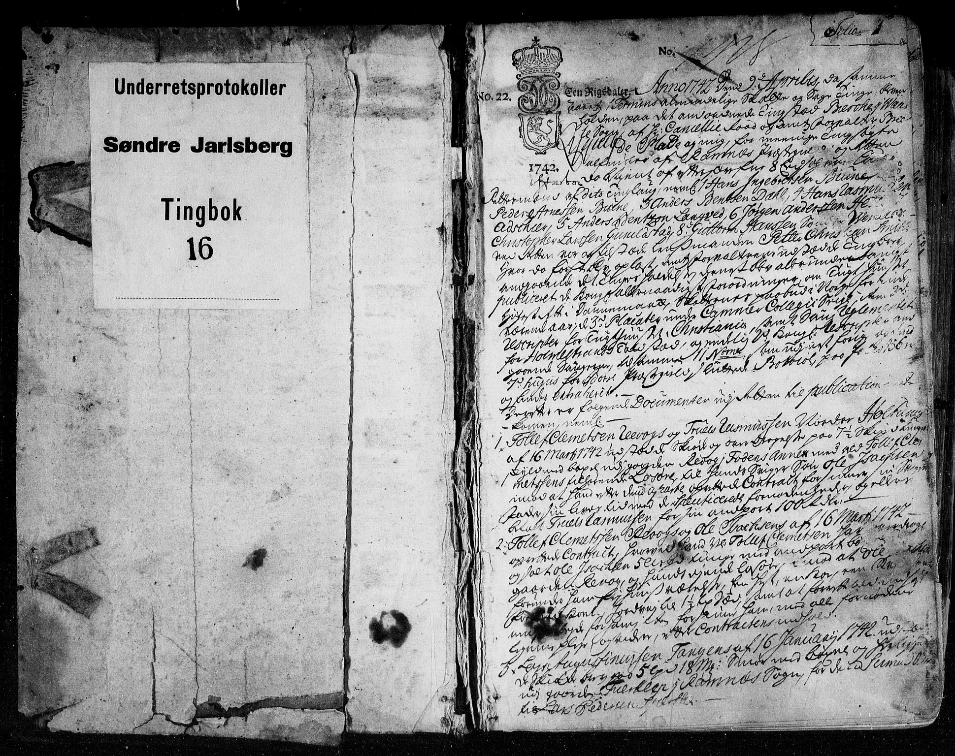 Søndre Jarlsberg sorenskriveri, SAKO/A-129/F/Fa/L0016: Tingbok, 1742-1748, p. 1