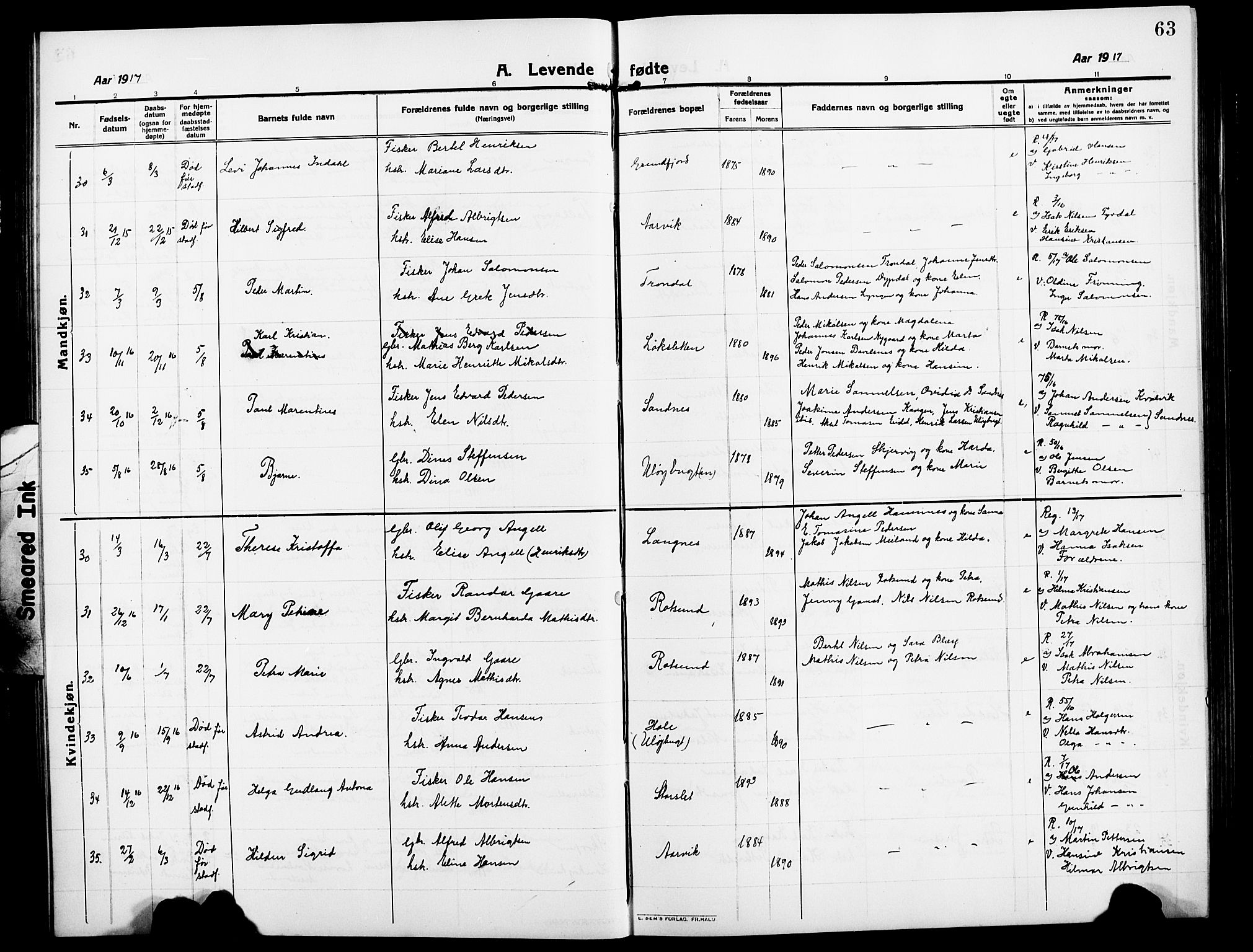 Skjervøy sokneprestkontor, AV/SATØ-S-1300/H/Ha/Hab/L0009klokker: Parish register (copy) no. 9, 1911-1926, p. 63