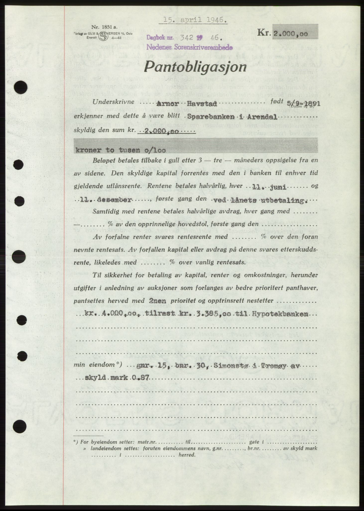 Nedenes sorenskriveri, SAK/1221-0006/G/Gb/Gbb/L0003: Mortgage book no. B3b, 1946-1946, Diary no: : 342/1946
