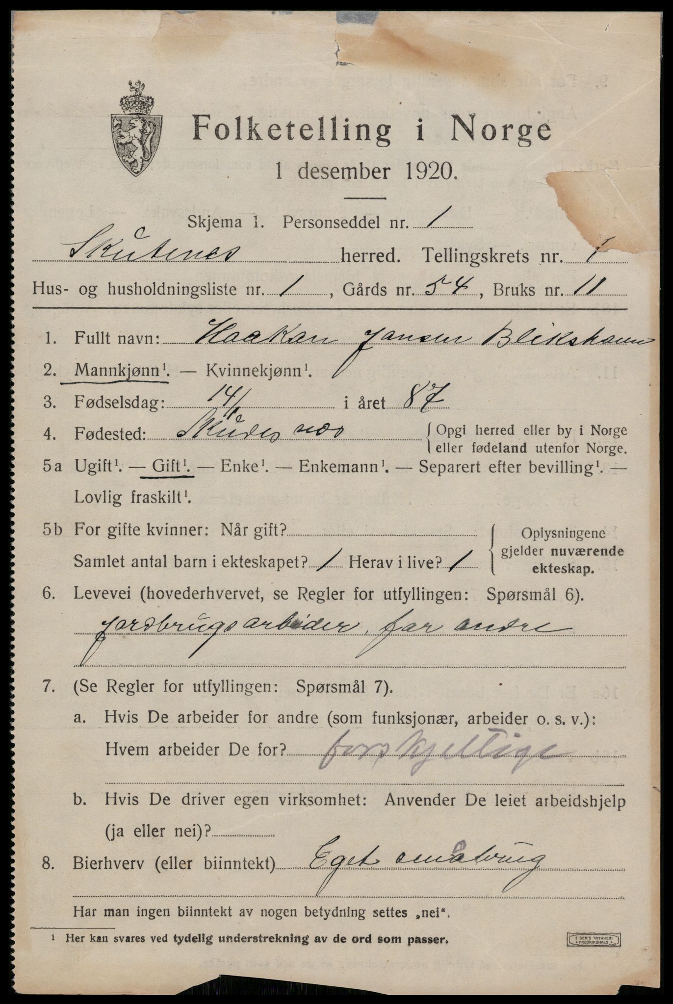 SAST, 1920 census for Skudenes, 1920, p. 1154