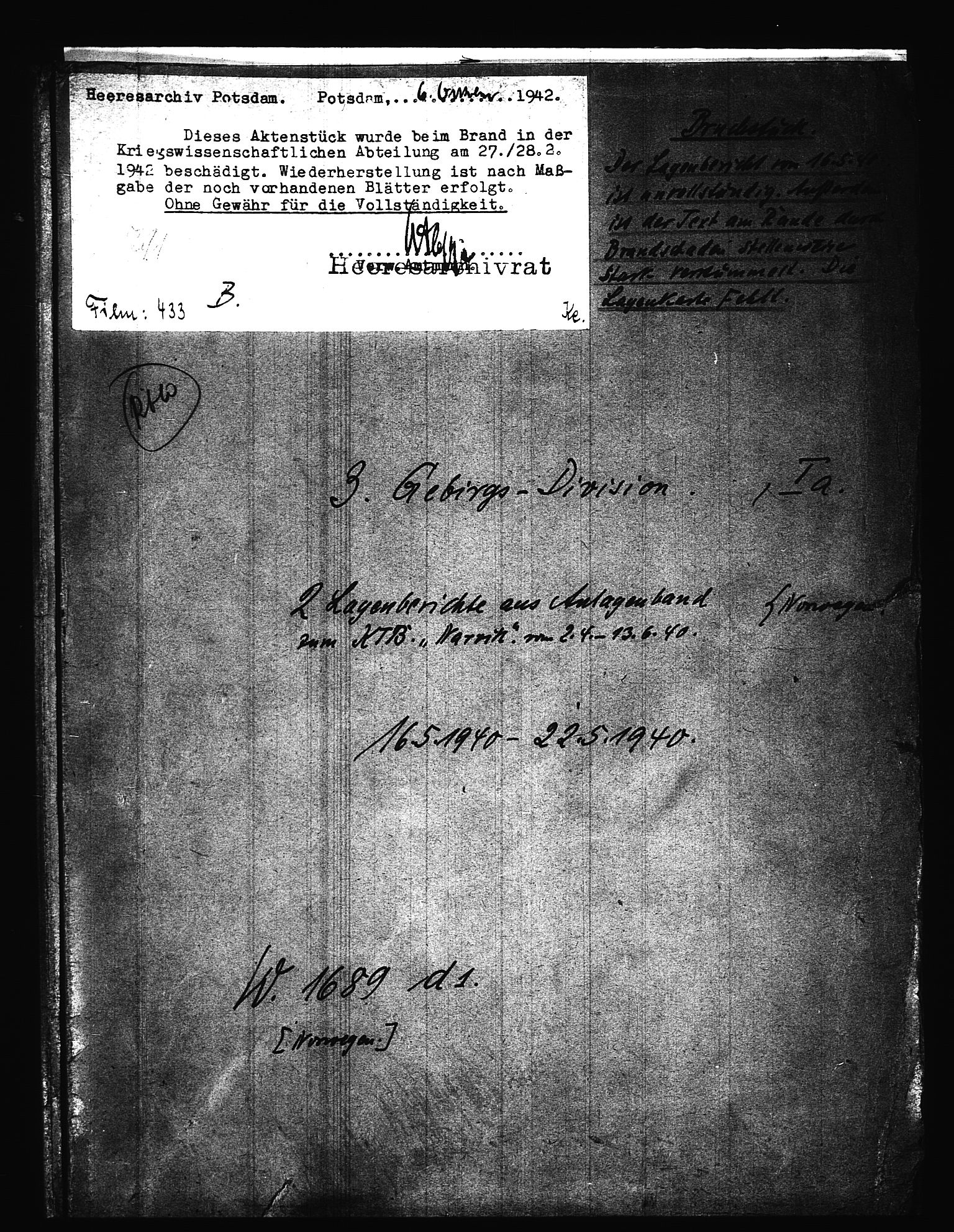 Documents Section, AV/RA-RAFA-2200/V/L0086: Amerikansk mikrofilm "Captured German Documents".
Box No. 725.  FKA jnr. 601/1954., 1940, p. 373