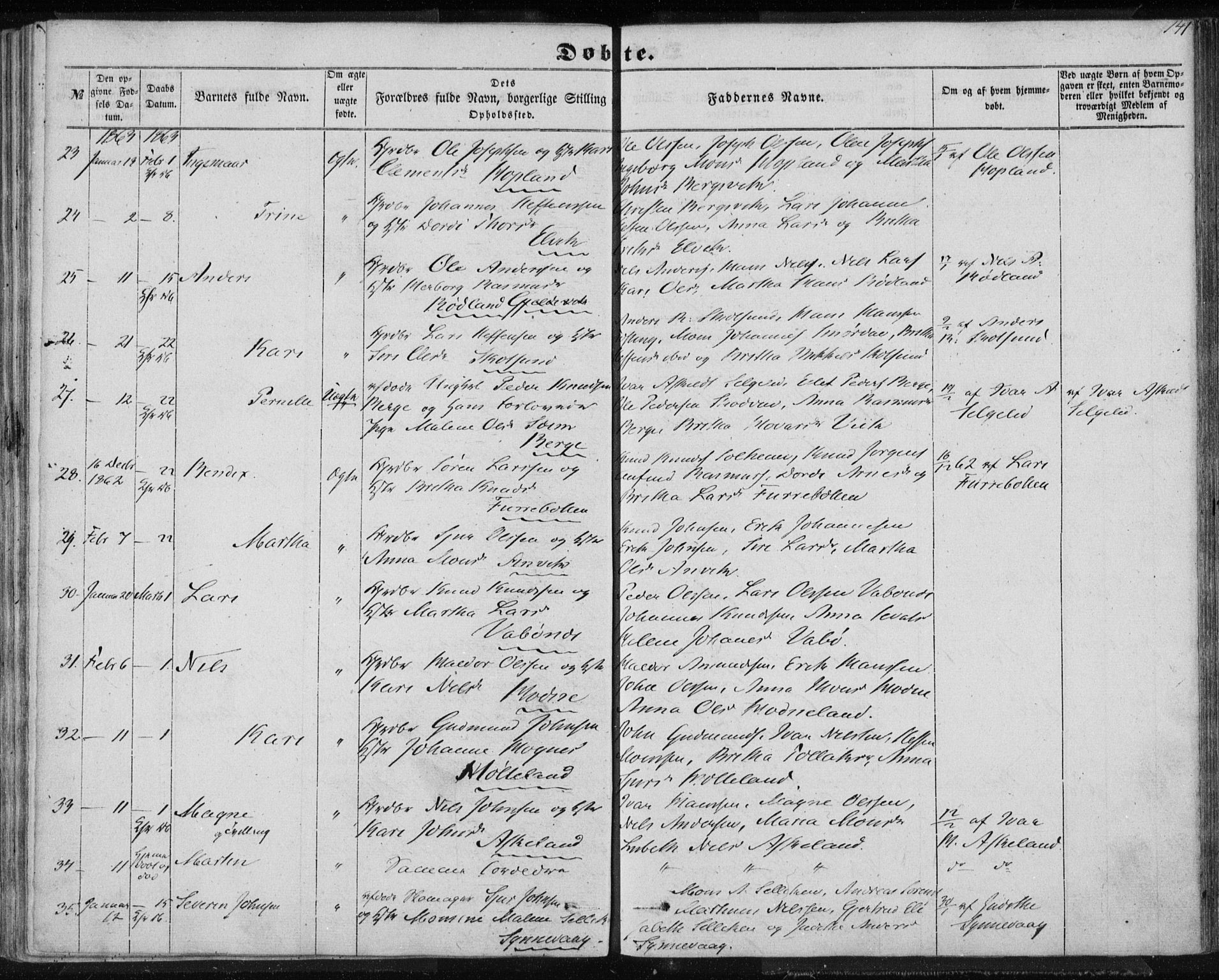 Lindås Sokneprestembete, AV/SAB-A-76701/H/Haa/Haaa/L0011: Parish register (official) no. A 11, 1854-1869, p. 141