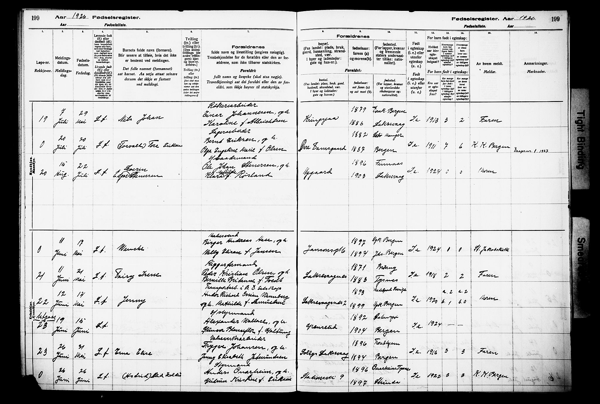 Laksevåg Sokneprestembete, AV/SAB-A-76501/I/Id/L00A1: Birth register no. A 1, 1916-1926, p. 199