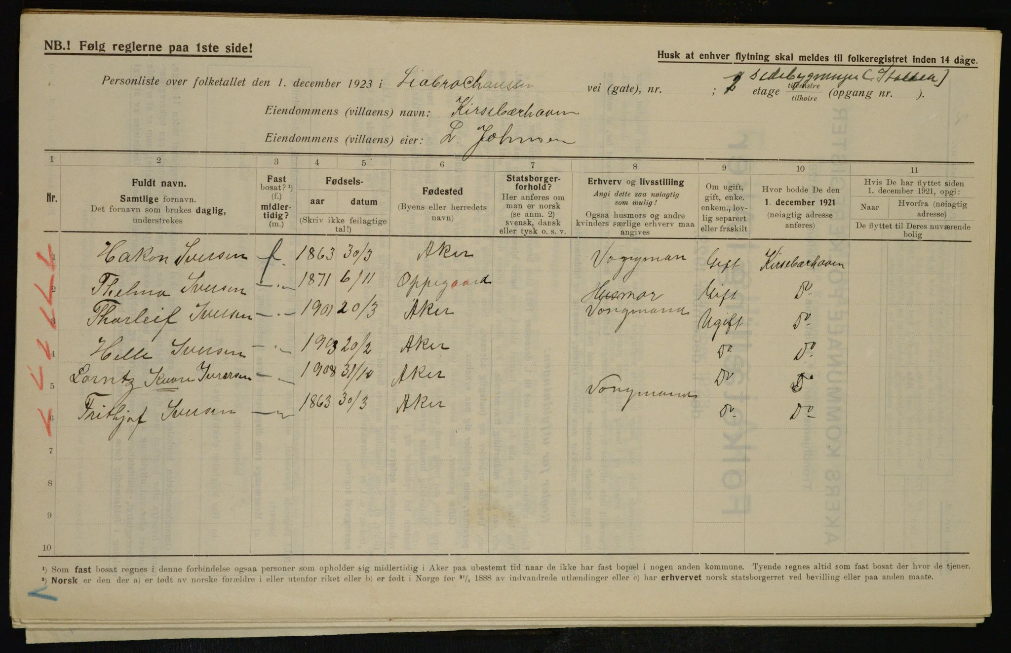 , Municipal Census 1923 for Aker, 1923, p. 41276