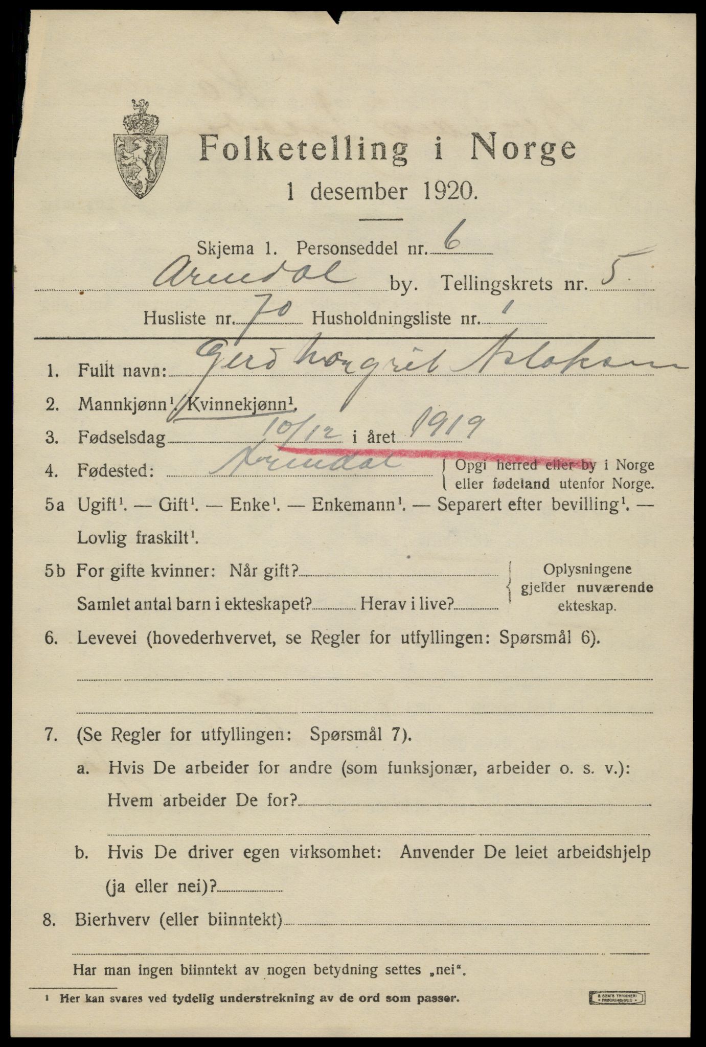 SAK, 1920 census for Arendal, 1920, p. 13542