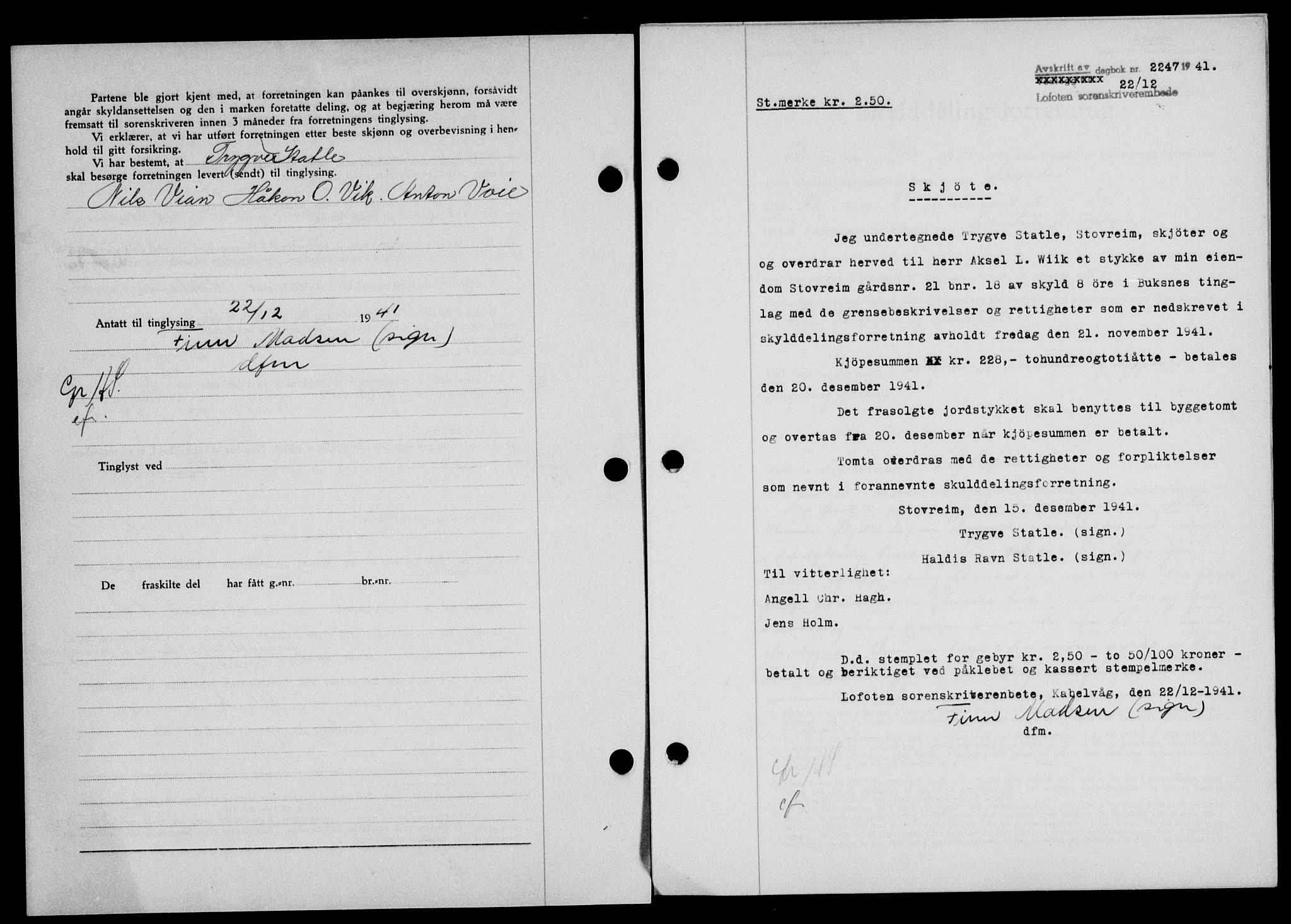 Lofoten sorenskriveri, SAT/A-0017/1/2/2C/L0009a: Mortgage book no. 9a, 1941-1942, Diary no: : 2247/1941